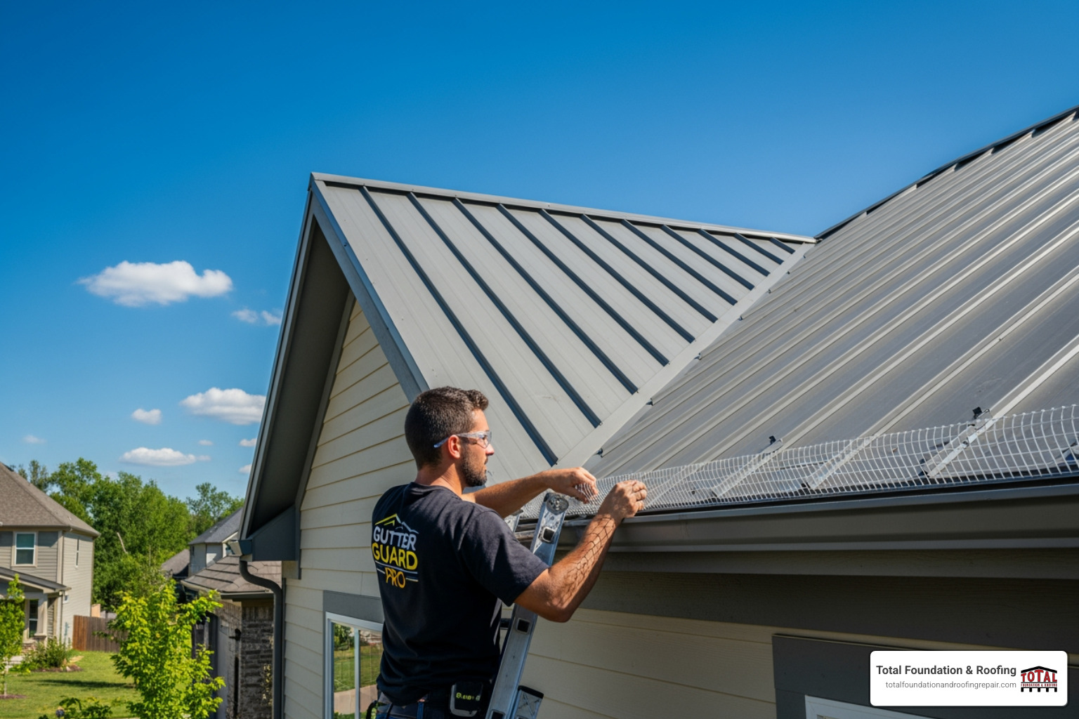 certified professional installing gutter guard on standing seam metal roof - gutter guards metal roof