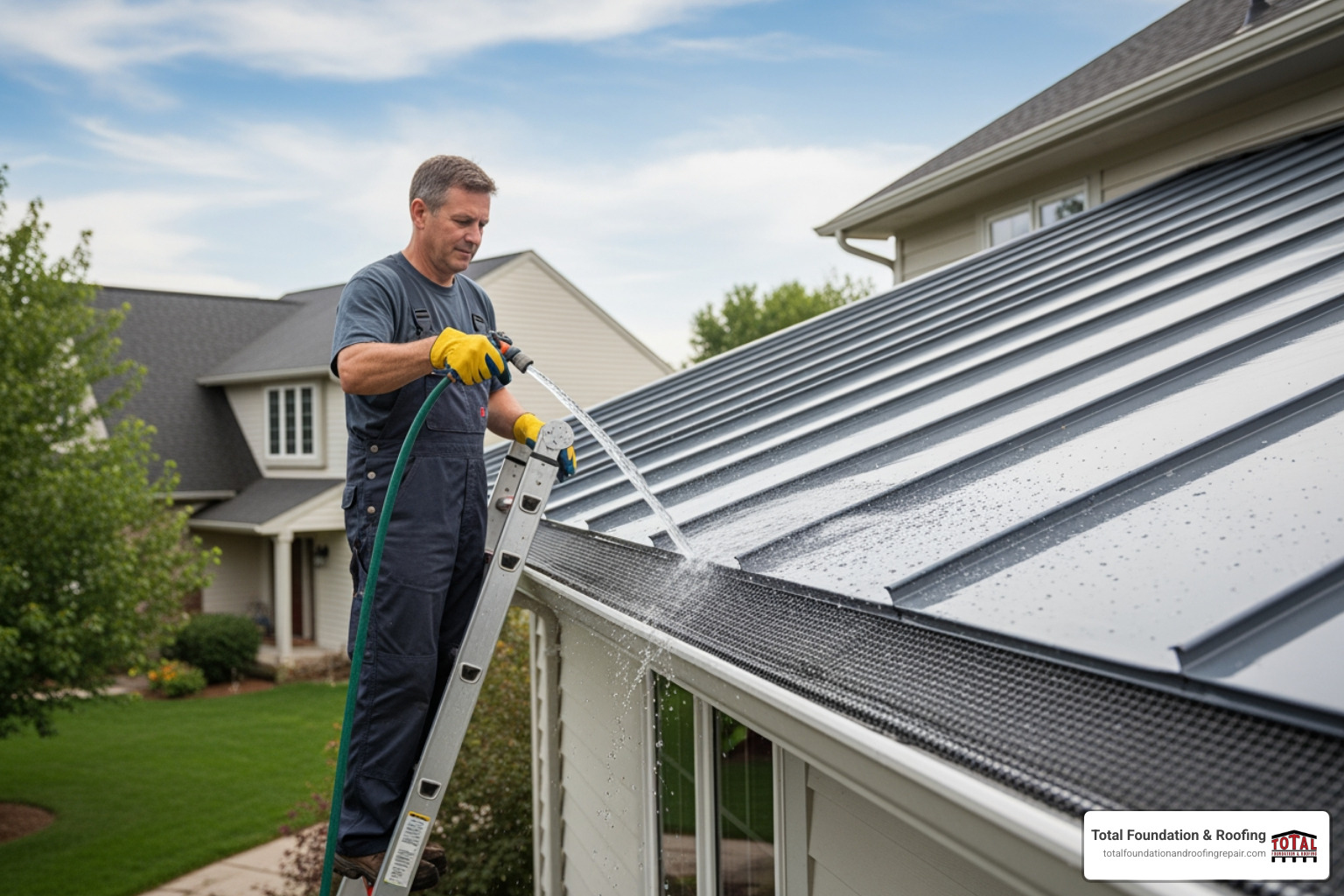 homeowner rinsing micro-mesh gutter guard with hose - gutter guards metal roof