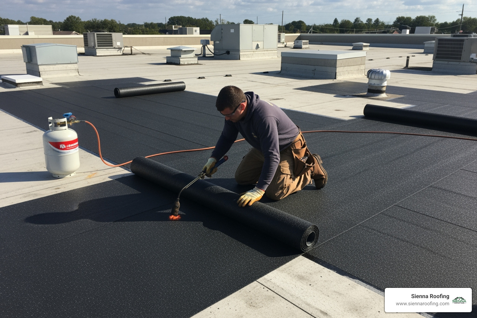 professional applying modified bitumen - best solution for flat roof