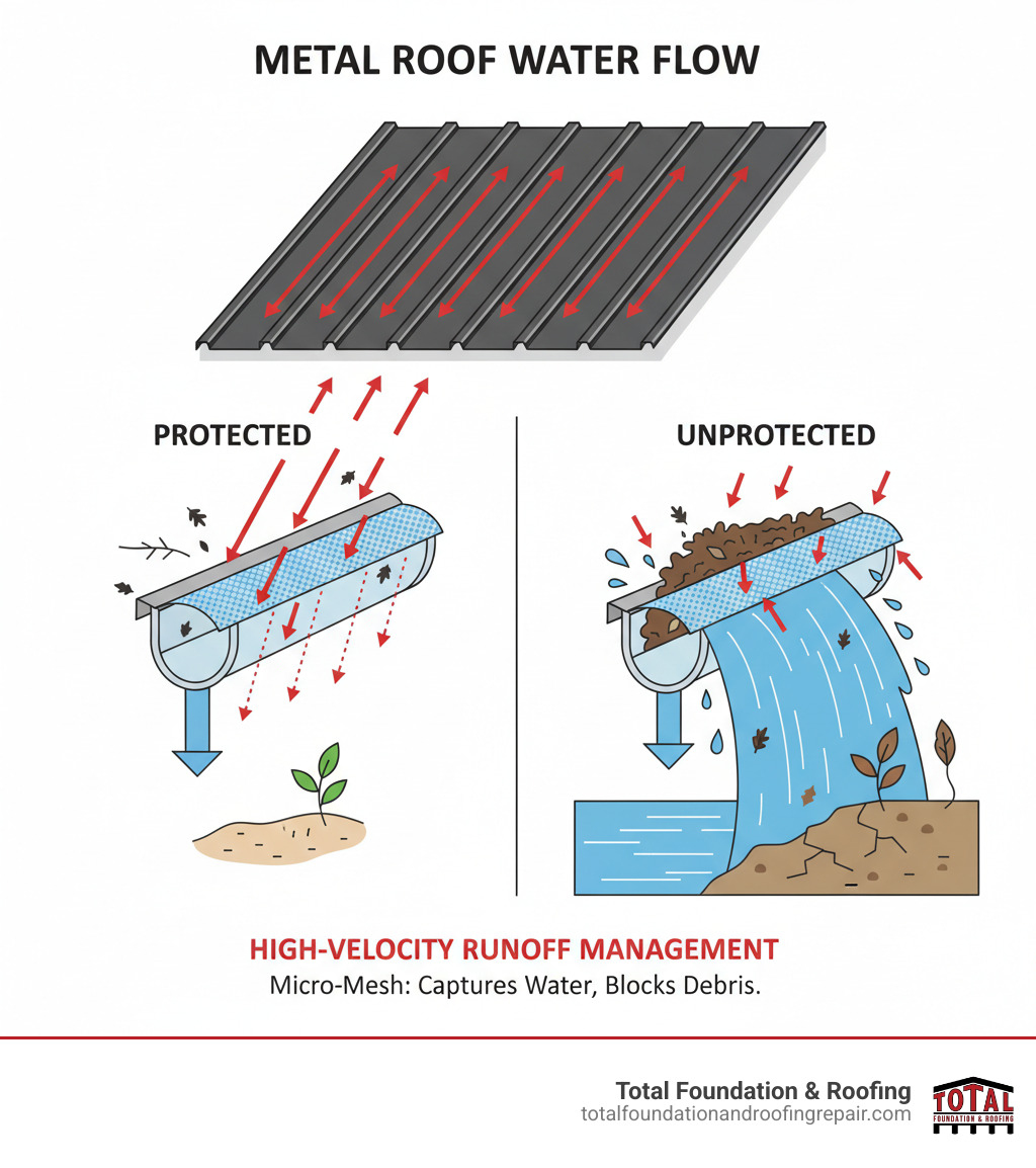 infographic showing water flow from metal roof through gutter guard system, illustrating how high-velocity runoff is captured by micro-mesh design while debris is blocked, with comparison of protected vs unprotected gutter overflow scenarios - gutter guards metal roof infographic 