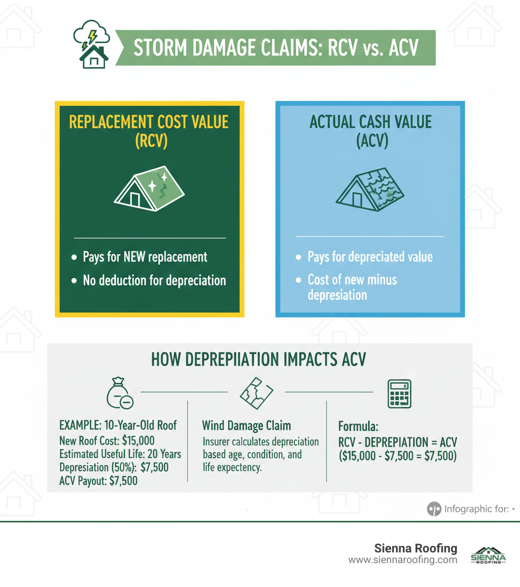 Infographic comparing Replacement Cost Value (RCV) and Actual Cash Value (ACV) for storm damage claims with clear examples of how depreciation impacts ACV payouts - insurance claims storm damage infographic 