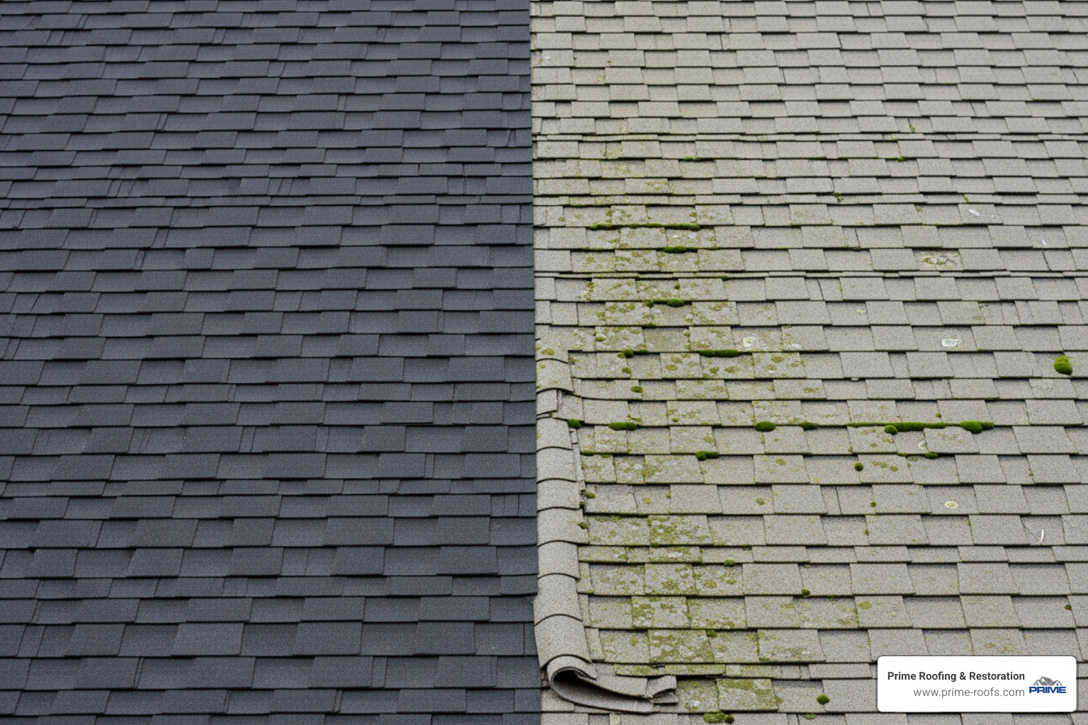 A roof with a stark visual contrast between new, dark shingles on one side and faded, moss-covered old shingles on the other, creating a noticeable "patchwork" effect. - can you repair just a section of a roof