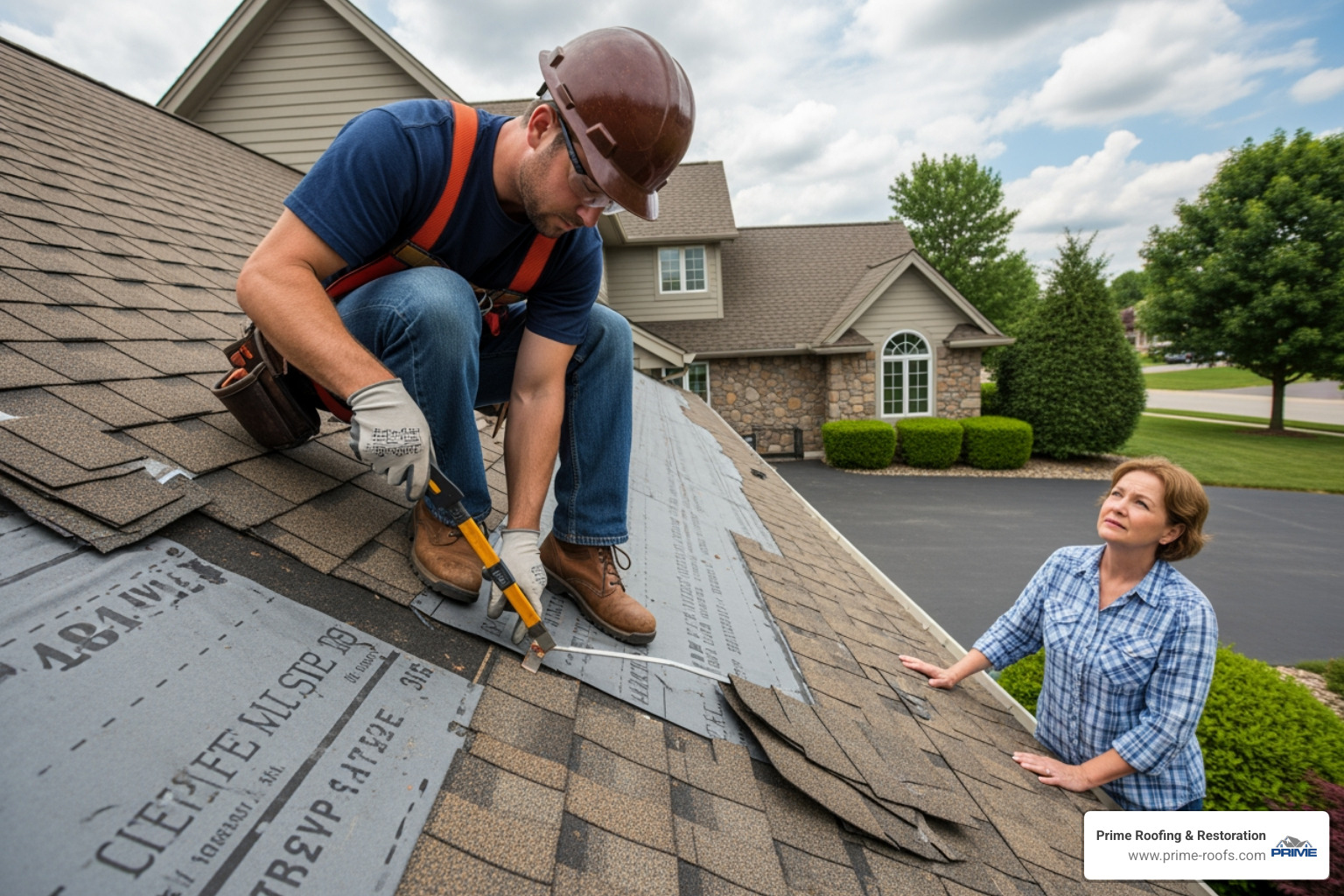 A professional roofer in safety gear on a roof, using a specialized tool to inspect the roof decking and underlayment, with a homeowner observing from a safe distance. - can you repair just a section of a roof