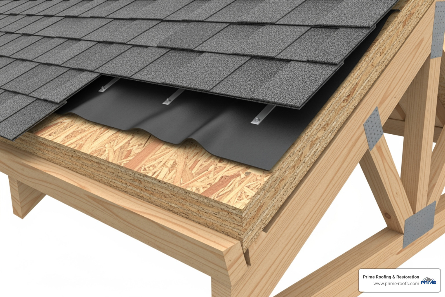 An image illustrating the layers of a typical roof system, showing shingles, underlayment, and decking, emphasizing the "system" aspect of a roof. - can you repair just a section of a roof
