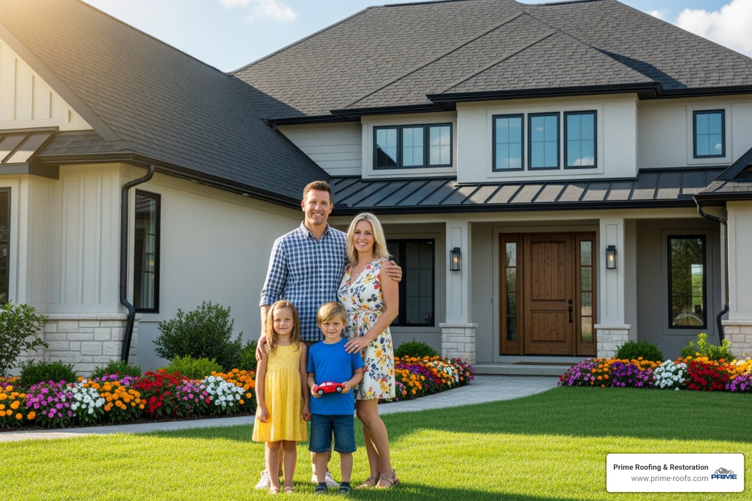 A happy family standing in front of their home with a newly installed, uniform roof, symbolizing peace of mind and protection. - can you repair just a section of a roof