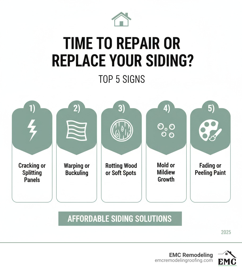 Infographic showing the top 5 signs it's time to repair or replace your siding: 1) Cracking or splitting panels with a crack icon, 2) Warping or buckling with a wavy panel icon, 3) Rotting wood or soft spots with a decay icon, 4) Mold or mildew growth with a spore icon, and 5) Fading or peeling paint with a color palette icon - affordable siding solutions infographic 