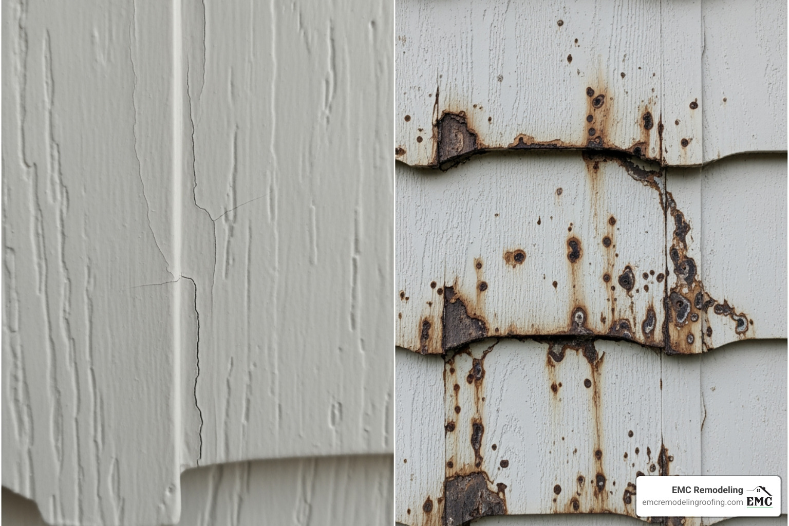 close-up of minor siding cracks versus widespread warping and rot - affordable siding solutions