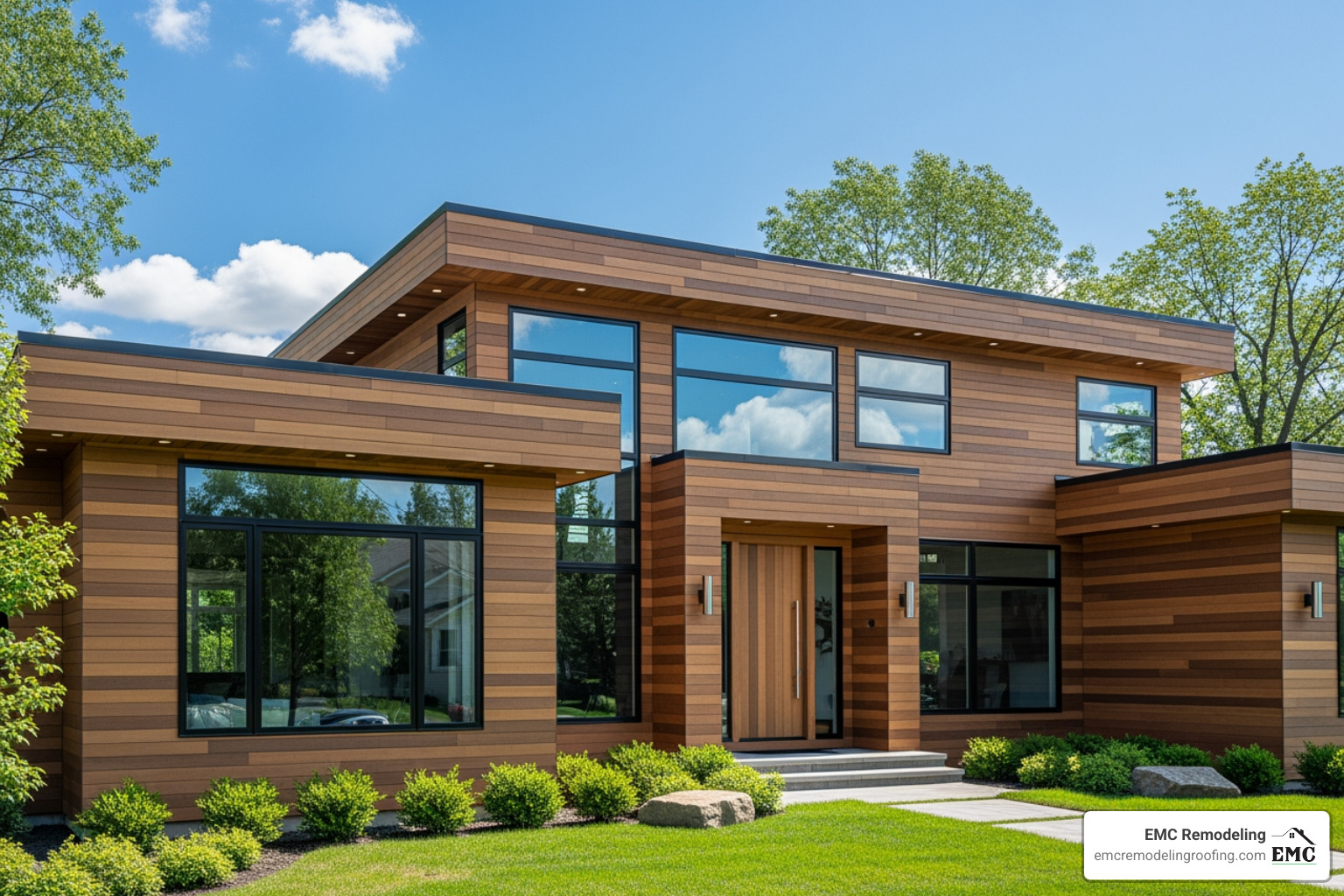 A home with engineered wood siding showing a realistic wood grain texture - affordable siding solutions