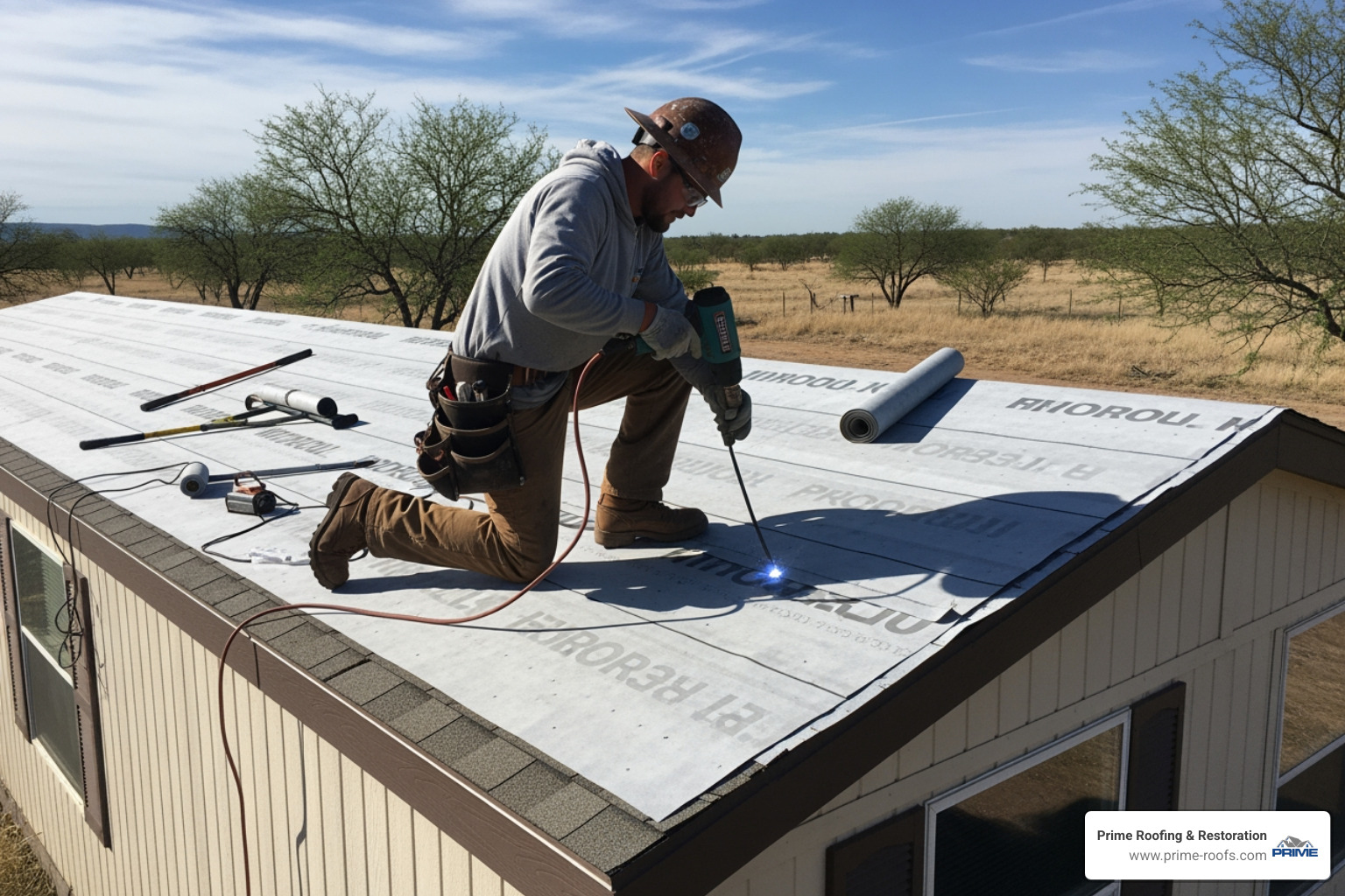 Contractor installing a TPO roof-over system on a mobile home. - mobile home roof alabaster al