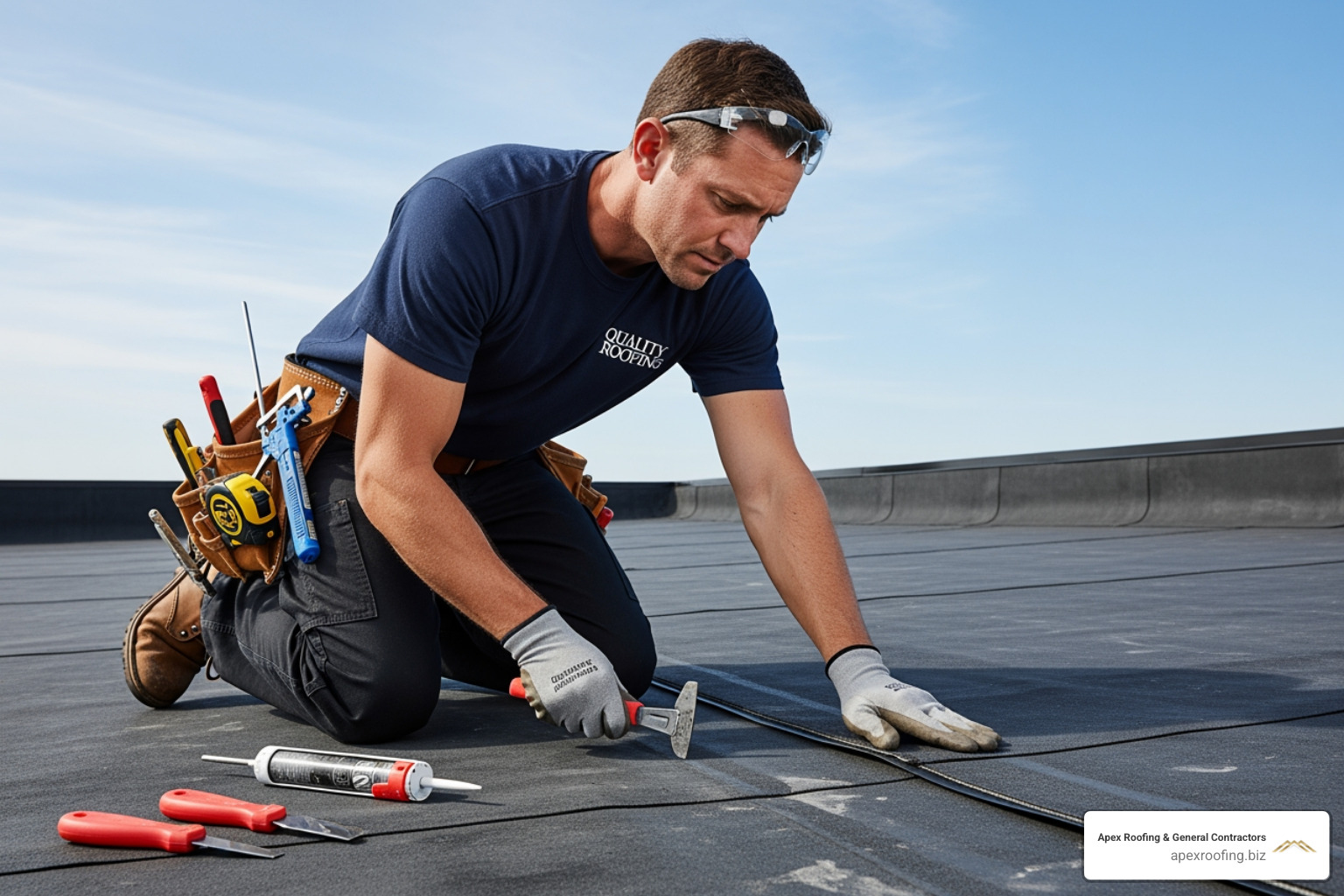 roofer performing routine inspection on a flat rubber roof - leaking rubber roof