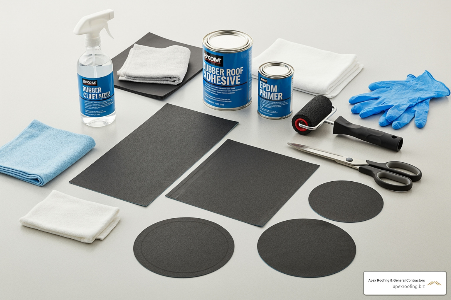 tools and materials for a rubber roof patch repair laid out neatly - leaking rubber roof