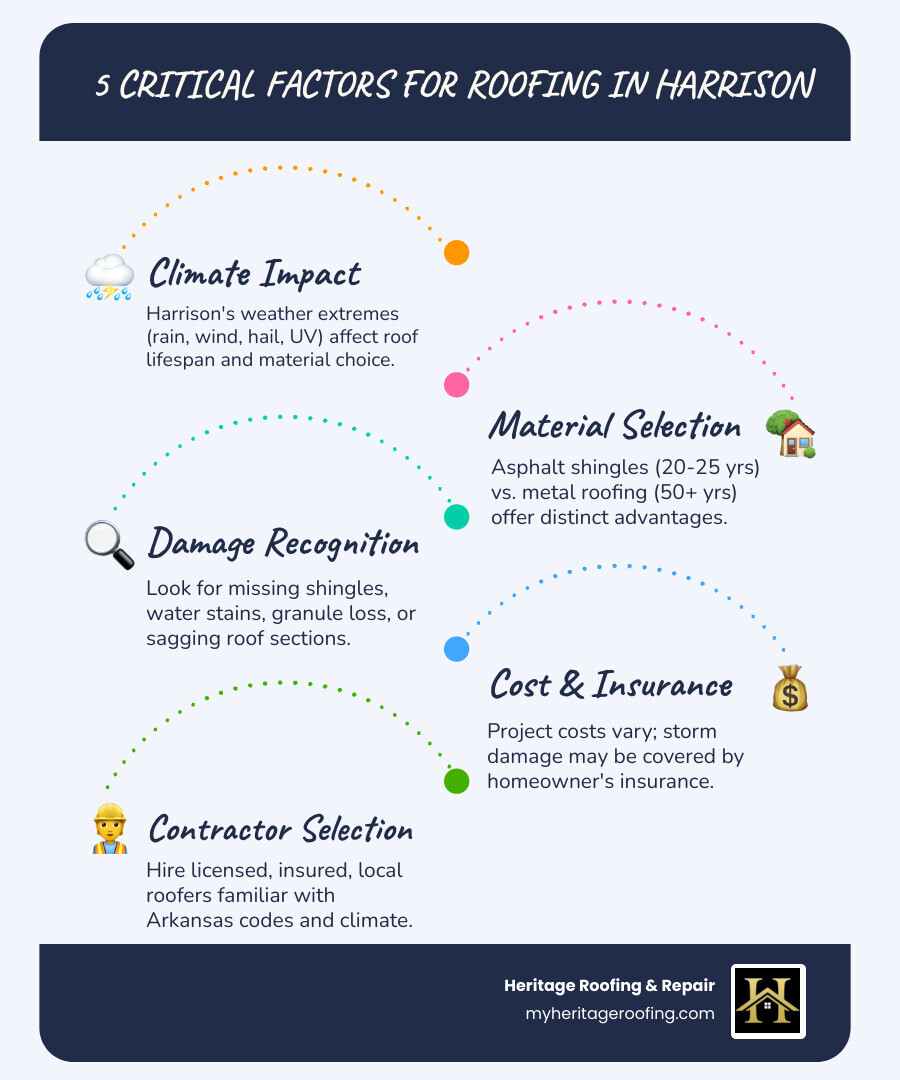 Infographic showing the 5 critical factors for roofing Harrison projects: 1. Climate challenges in the Ozarks including UV exposure, wind, hail, and temperature fluctuations affecting roof lifespan; 2. Material comparison chart between asphalt shingles and metal roofing showing cost, durability, and weather resistance; 3. Visual checklist of roof damage warning signs including missing shingles, water stains, granule loss, and sagging; 4. Cost breakdown for typical Harrison roofing projects and insurance claim process steps; 5. Contractor selection criteria highlighting licensing requirements, local expertise, and warranty considerations specific to Arkansas roofing - roofing harrison infographic infographic-line-5-steps-blues-accent_colors Infographic showing the 5 critical factors for roofing Harrison projects: 1. Climate challenges in the Ozarks including UV exposure, wind, hail, and temperature fluctuations affecting roof lifespan; 2. Material comparison chart between asphalt shingles and metal roofing showing cost, durability, and weather resistance; 3. Visual checklist of roof damage warning signs including missing shingles, water stains, granule loss, and sagging; 4. Cost breakdown for typical Harrison roofing projects and insurance claim process steps; 5. Contractor selection criteria highlighting licensing requirements, local expertise, and warranty considerations specific to Arkansas roofing - roofing harrison infographic infographic-line-5-steps-blues-accent_colors