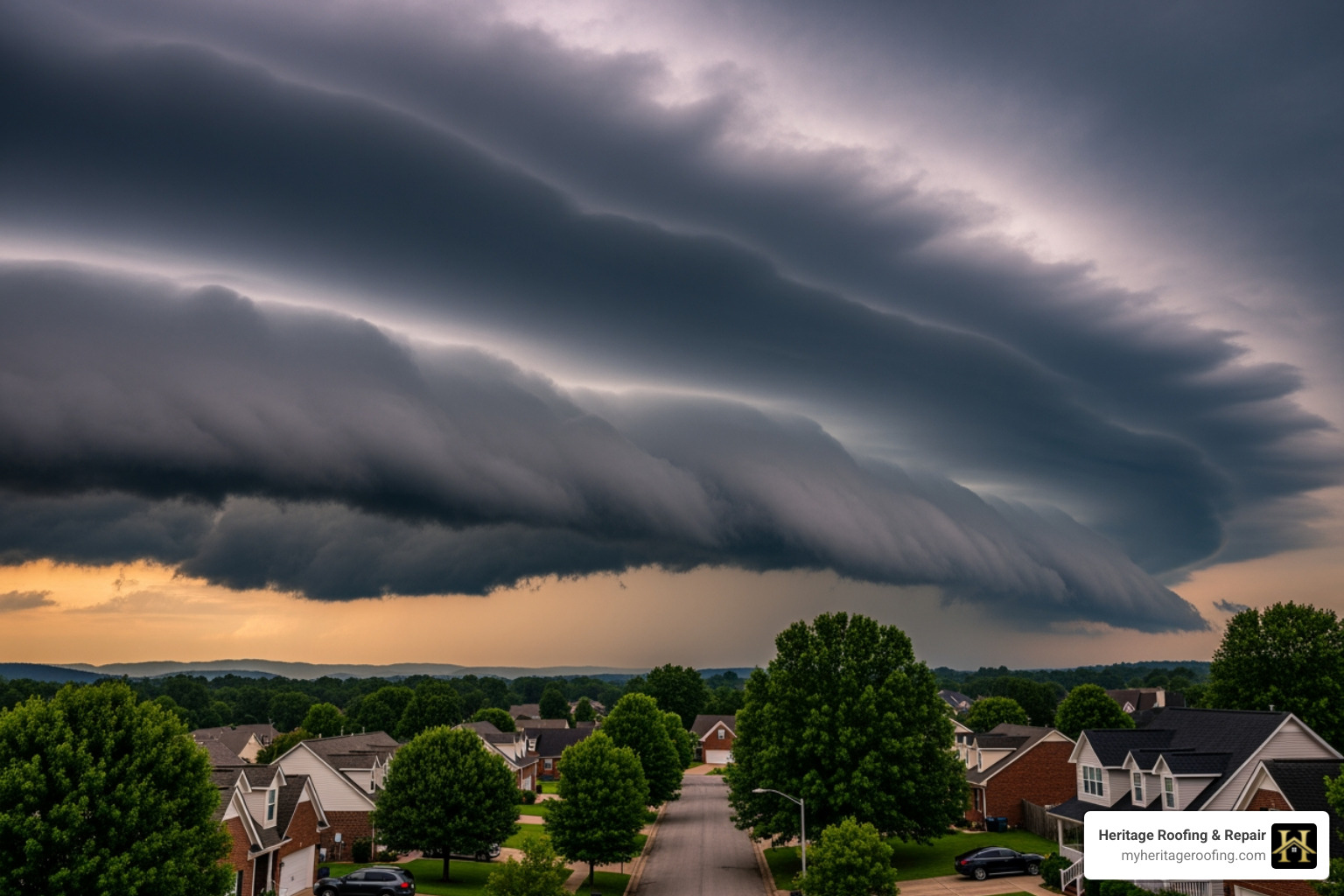 storm clouds over a residential neighborhood in Harrison, AR - roofing harrison storm clouds over a residential neighborhood in Harrison, AR - roofing harrison