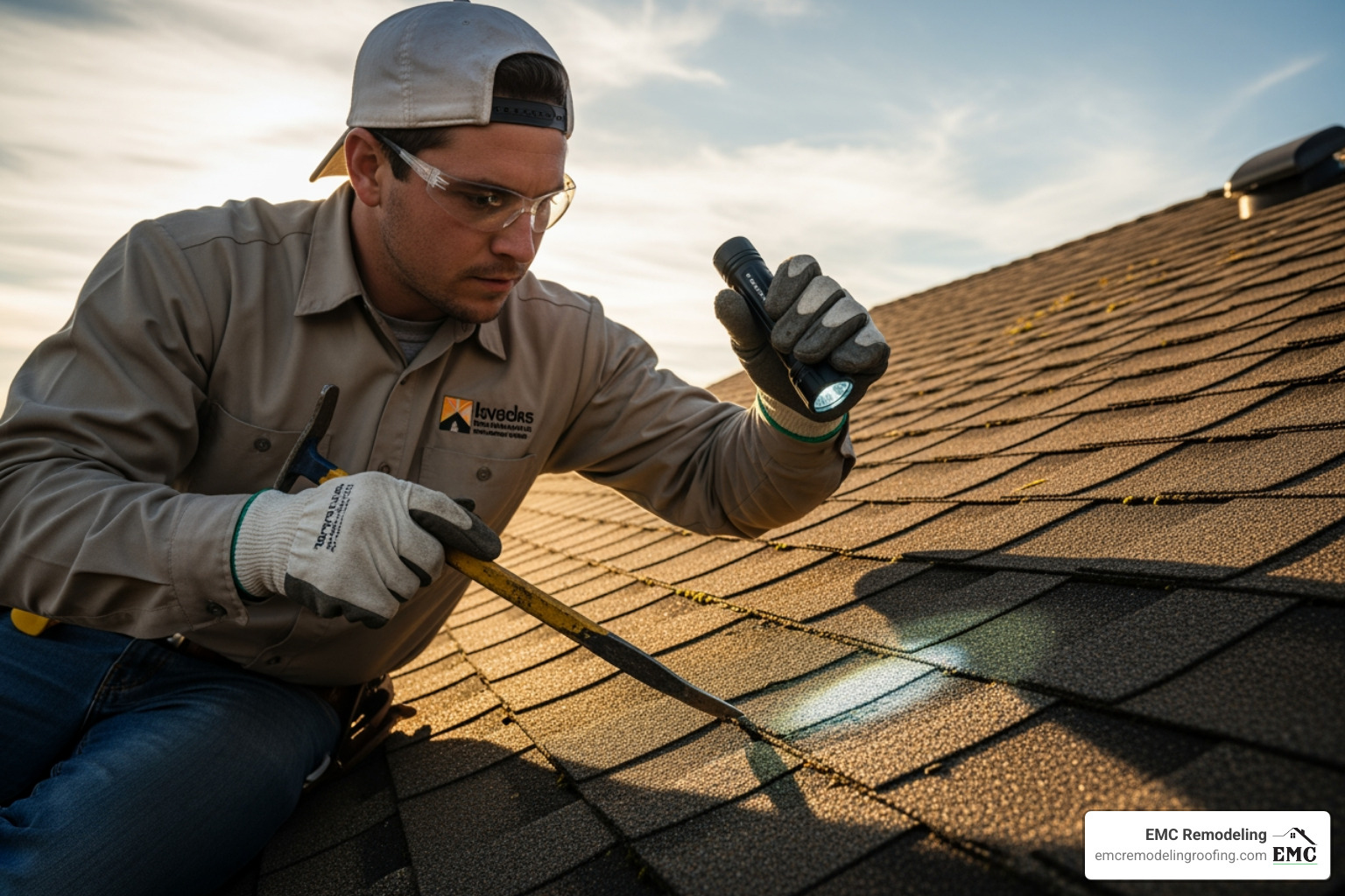 of a certified roofer examining weathered shingles - home roofing companies in leander tx