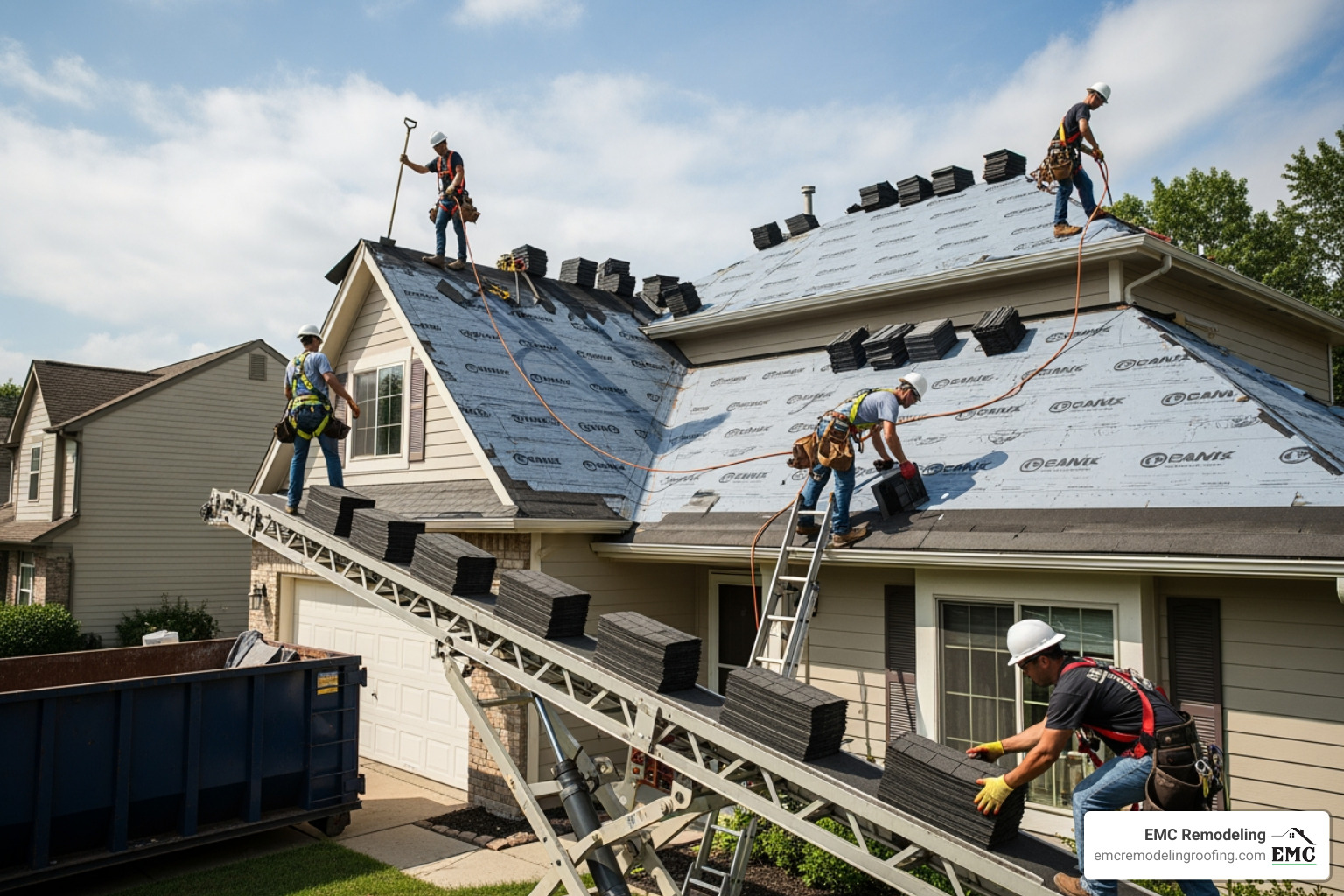 of a skilled roofing crew performing a safe, efficient roof replacement - home roofing companies in leander tx