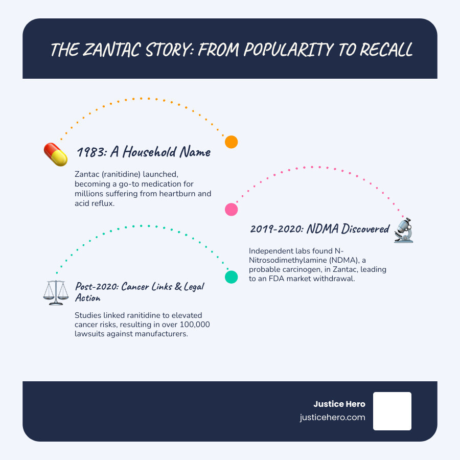 Infographic showing the timeline of Zantac from its 1983 release as a popular heartburn medication, through years of widespread use treating millions of Americans, to the 2019 discovery of NDMA contamination by Valisure laboratory, the 2020 FDA market withdrawal request, and the subsequent wave of cancer lawsuits filed by affected patients - Zantac cancer symptoms infographic infographic-line-3-steps-blues-accent_colors Infographic showing the timeline of Zantac from its 1983 release as a popular heartburn medication, through years of widespread use treating millions of Americans, to the 2019 discovery of NDMA contamination by Valisure laboratory, the 2020 FDA market withdrawal request, and the subsequent wave of cancer lawsuits filed by affected patients - Zantac cancer symptoms infographic infographic-line-3-steps-blues-accent_colors