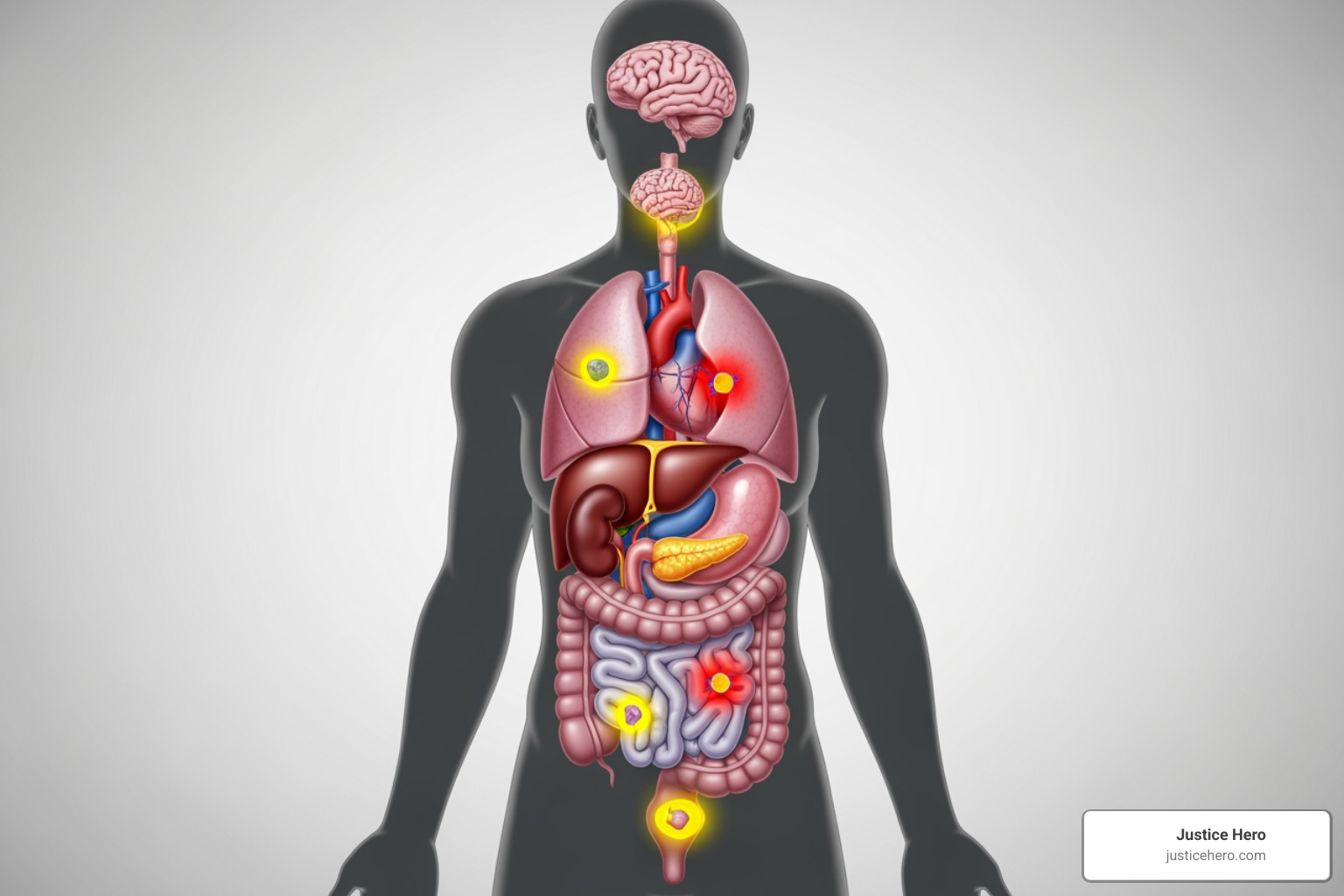 Human silhouette with areas affected by Zantac-linked cancers highlighted - Zantac cancer symptoms Human silhouette with areas affected by Zantac-linked cancers highlighted - Zantac cancer symptoms
