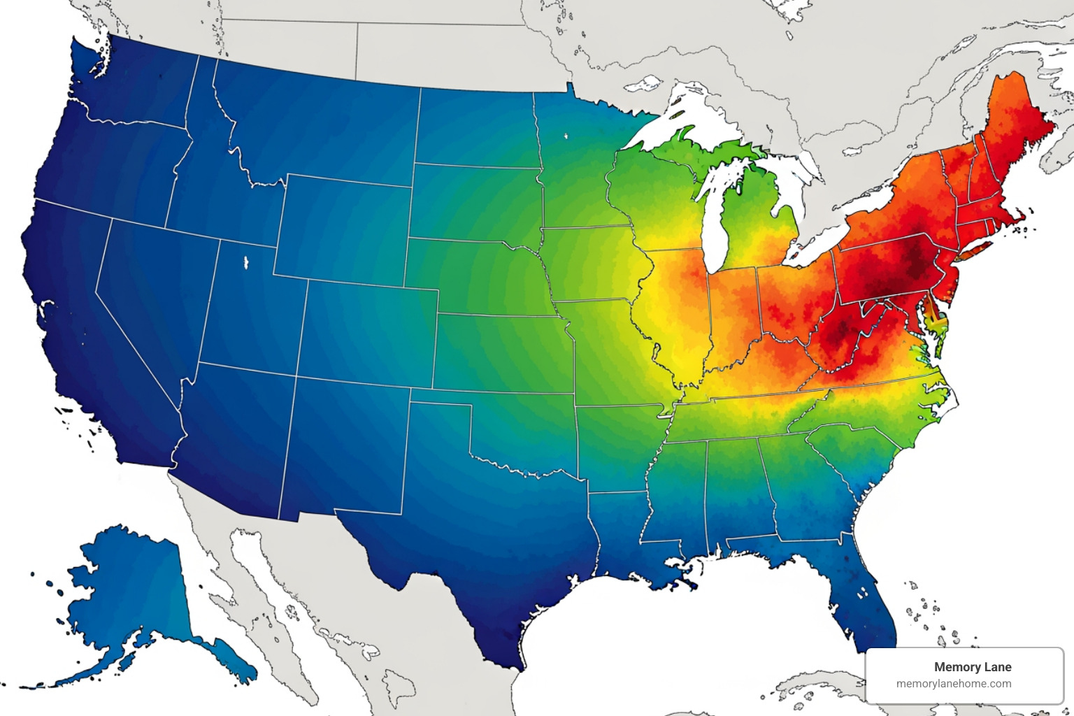 map of the United States highlighting high-cost and low-cost regions for memory care - memory care facility costs