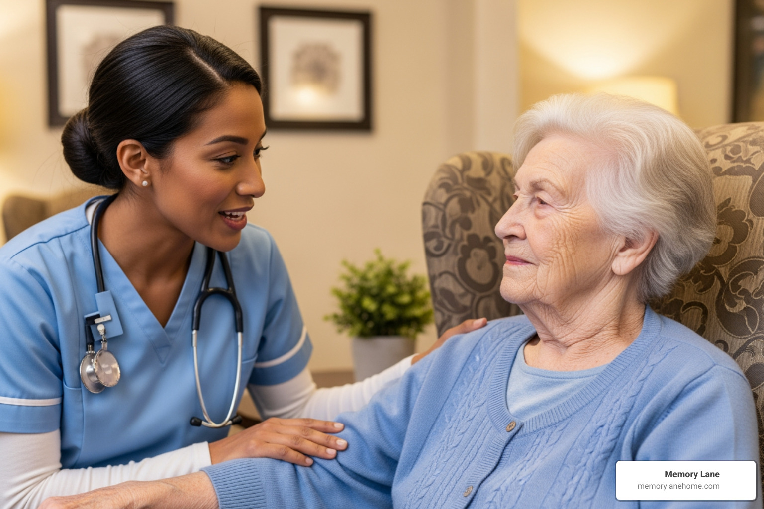 nurse kindly speaking with a resident - memory care facility costs