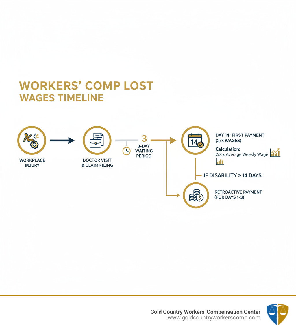 infographic showing timeline from workplace injury through doctor visit, claim filing, 3-day waiting period, first payment at 14 days, and retroactive payment if disability exceeds 14 days, with two-thirds wage replacement calculation - will workers comp pay for missed days infographic 