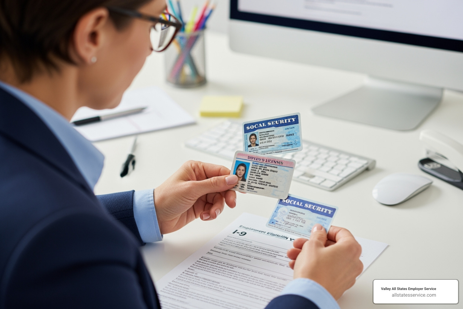 HR manager carefully examining a driver's license and Social Security card next to a Form I-9 - i-9 section 2 acceptable documents