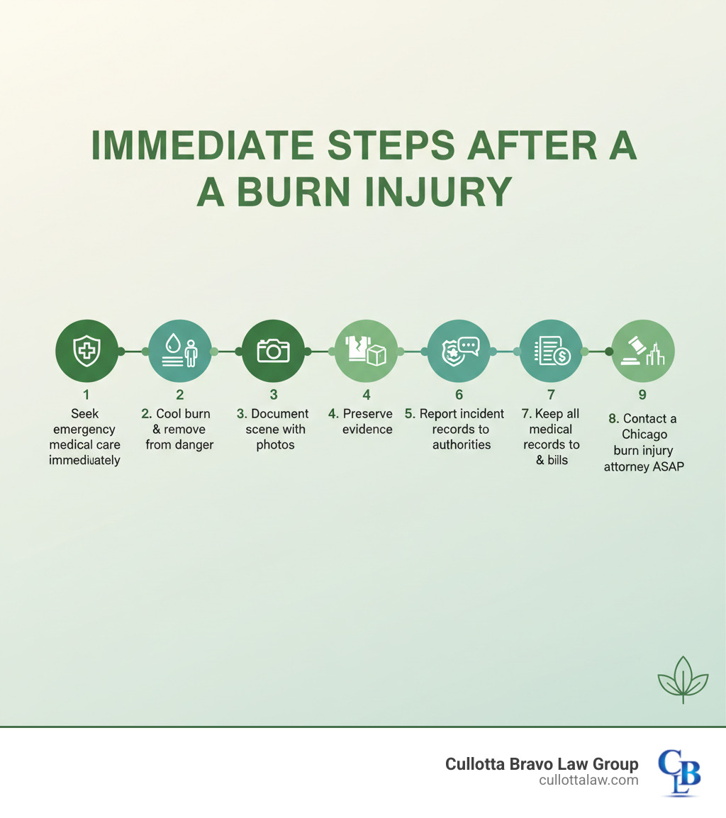 infographic showing immediate steps after a burn injury: 1. Seek emergency medical care immediately 2. Remove yourself from danger and cool the burn with running water 3. Document the scene with photos if safe to do so 4. Preserve evidence like damaged clothing or defective products 5. Get contact information from witnesses 6. Report the incident to appropriate authorities 7. Keep all medical records and bills 8. Do not give statements to insurance companies 9. Contact a Chicago burn injury attorney as soon as possible - chicago burn injury attorney infographic 
