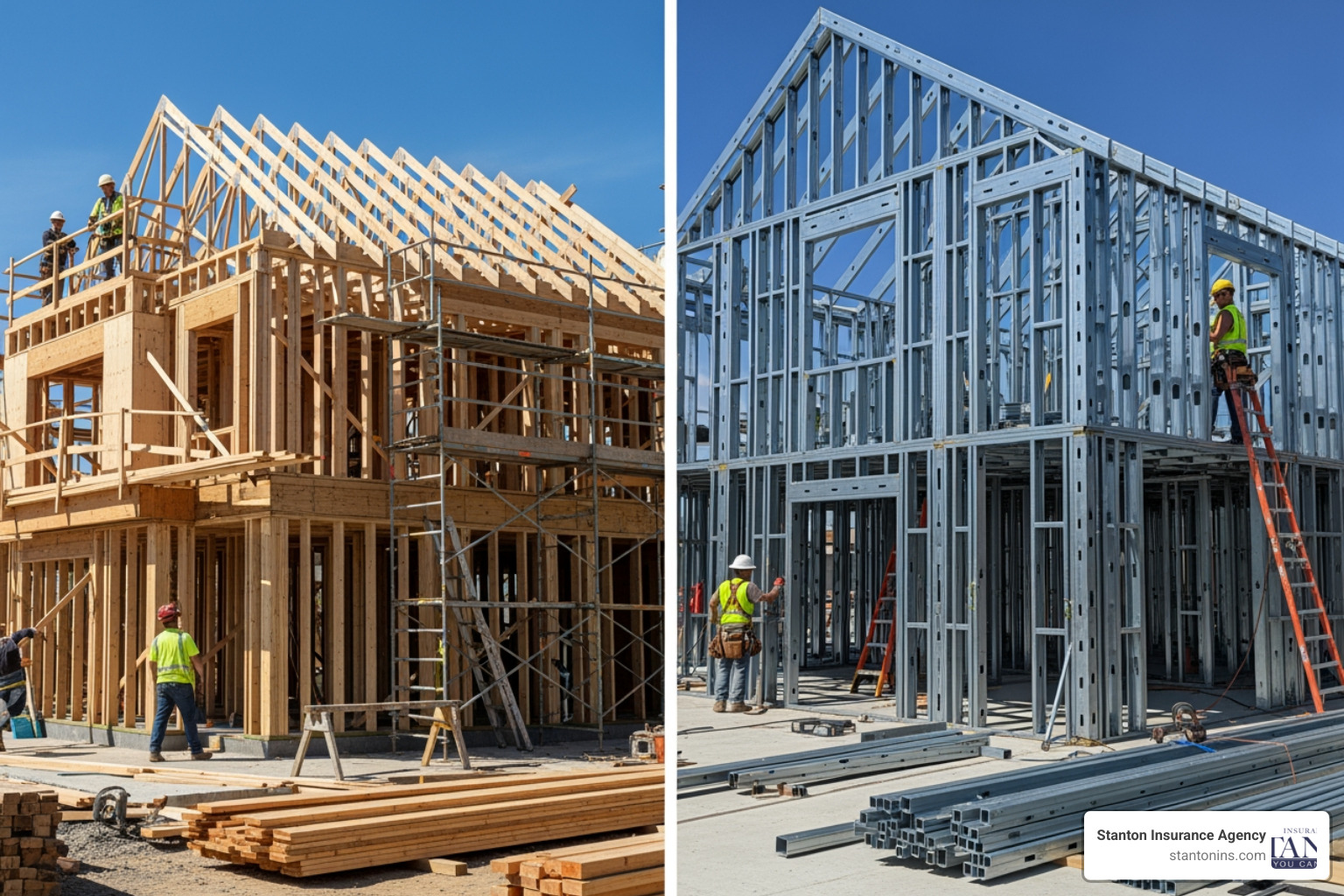 showing a wood-frame house under construction versus a steel-frame one. - Owner builder insurance cost showing a wood-frame house under construction versus a steel-frame one. - Owner builder insurance cost