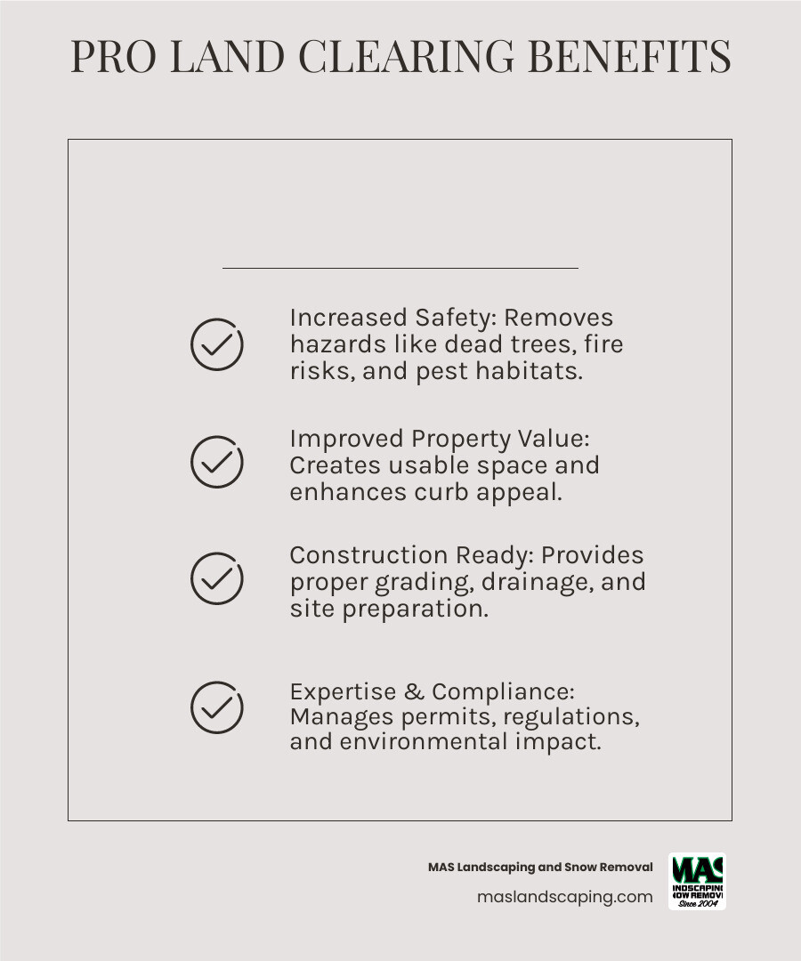 Infographic showing the three key benefits of professional land clearing: 1) Increased Safety - removes hazards like dead trees, fire risks, and pest habitats; 2) Improved Property Value - creates usable space and better curb appeal; 3) Construction Ready - proper grading, drainage planning, and site preparation that meets local building codes - land clearing near me infographic checklist-light-beige Infographic showing the three key benefits of professional land clearing: 1) Increased Safety - removes hazards like dead trees, fire risks, and pest habitats; 2) Improved Property Value - creates usable space and better curb appeal; 3) Construction Ready - proper grading, drainage planning, and site preparation that meets local building codes - land clearing near me infographic checklist-light-beige