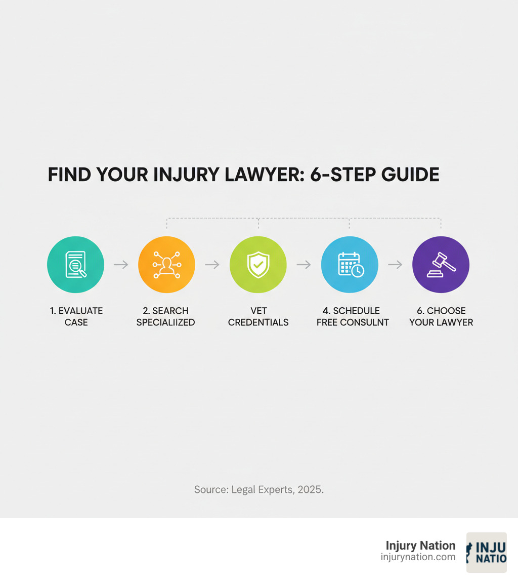 Infographic showing the step-by-step process to find an injury lawyer: 1) Determine if you need a lawyer by evaluating your case, 2) Search for specialized personal injury lawyers through referrals and directories, 3) Vet candidates by checking credentials and reviews, 4) Schedule free consultations with top choices, 5) Ask critical questions about experience and fees, 6) Choose the lawyer who specializes in your case type and communicates clearly - find injury lawyer infographic 