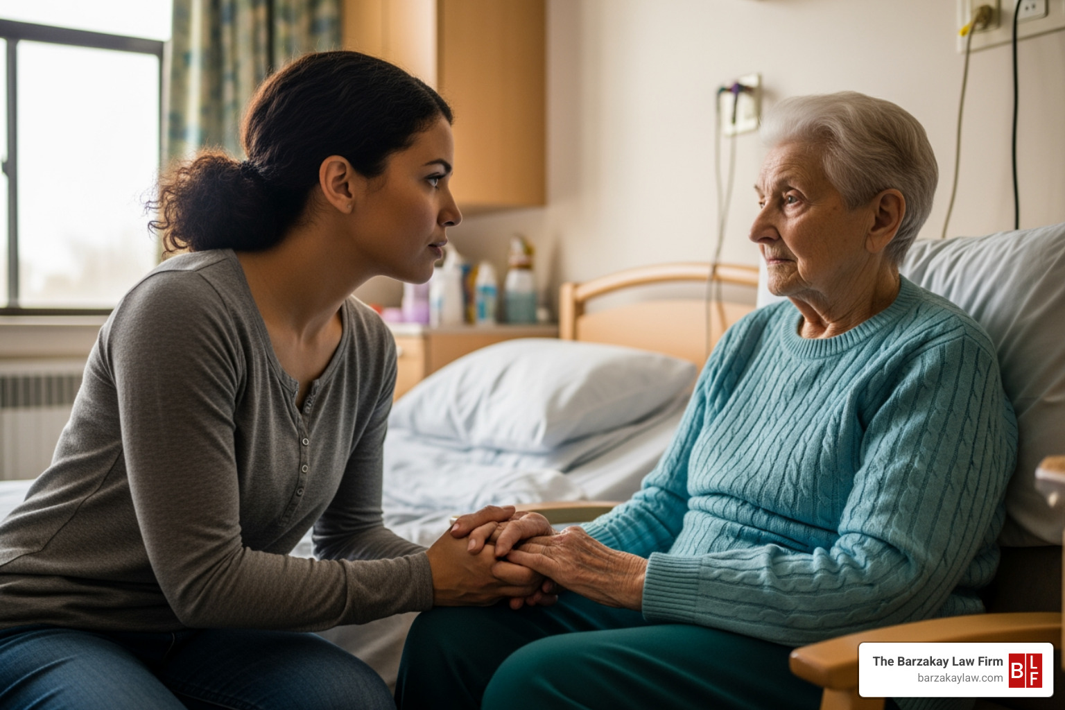 A concerned family member talking with a senior loved one in a nursing home, observing their well-being. - florida nursing home abuse lawyer