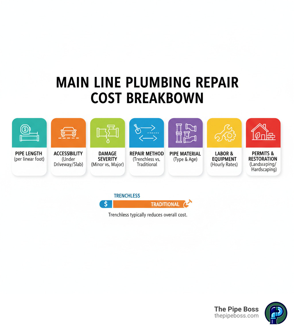 Infographic showing main line plumbing repair cost breakdown: factors include pipe length, accessibility (under driveway or slab increases cost), severity of damage, repair method (trenchless vs traditional excavation), pipe material, labor costs, permits, and restoration expenses like landscaping and hardscaping - main line plumbing repair cost infographic Infographic showing main line plumbing repair cost breakdown: factors include pipe length, accessibility (under driveway or slab increases cost), severity of damage, repair method (trenchless vs traditional excavation), pipe material, labor costs, permits, and restoration expenses like landscaping and hardscaping - main line plumbing repair cost infographic