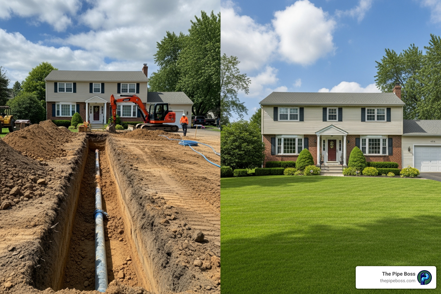 side-by-side comparison of a trenched yard vs. a yard after a trenchless repair - main line plumbing repair cost side-by-side comparison of a trenched yard vs. a yard after a trenchless repair - main line plumbing repair cost