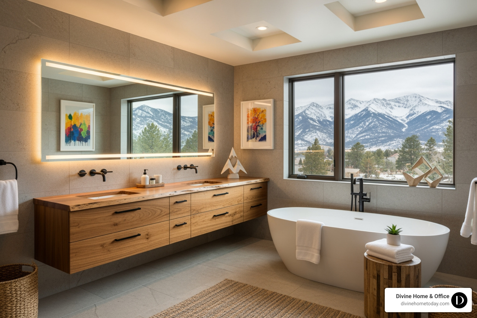 Spa-like modern mountain bathroom in a Denver luxury home, stone counters, natural wood vanity, matte black hardware, soaking tub, warm textures, bright natural light, clean styling, subtle Colorado cues. - Staging to sell Denver