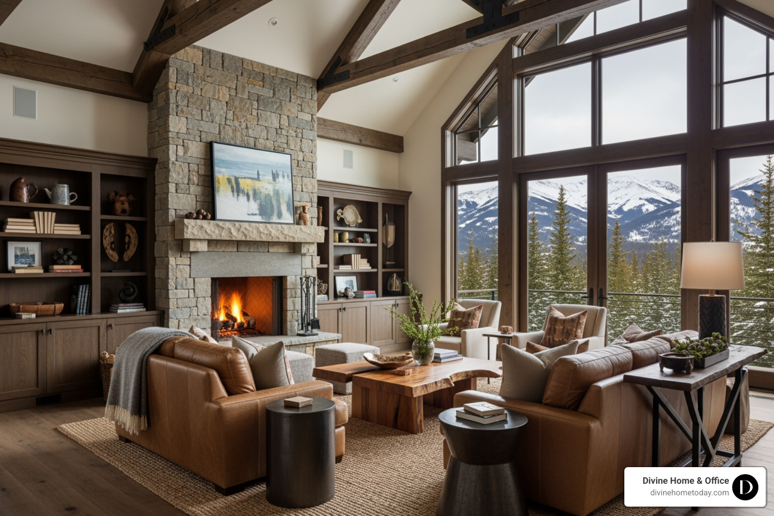 Luxury Colorado mountain living room with stone fireplace, timber beams, warm wood floors, natural textures, floor-to-ceiling windows, mountain views, modern rustic decor, soft bright light, polished yet inviting feel. - Staging to sell Denver