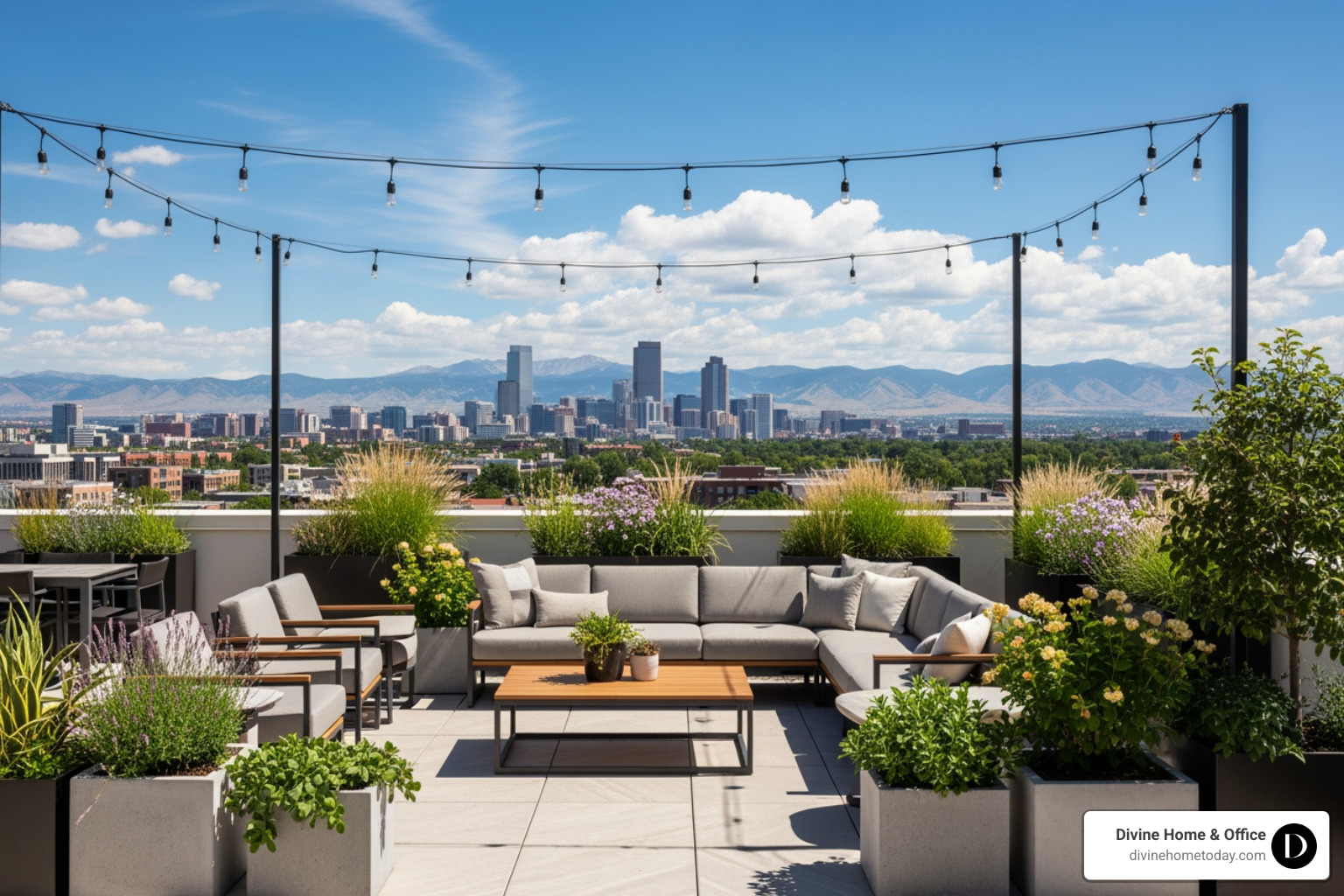 Staged outdoor patio space with modern furniture and potted plants, overlooking a Denver city skyline with mountains in the distance, bright natural light, clean and polished styling. - Staging to sell Denver
