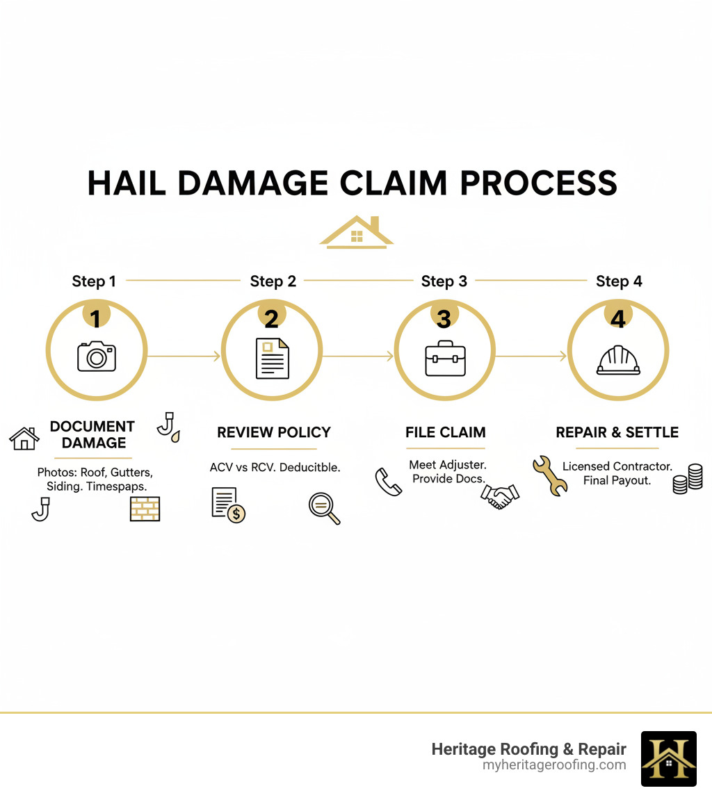 Infographic showing the 4-step hail damage insurance claim process: Step 1 - Identify and document damage with photos of roof, gutters, siding and timestamps; Step 2 - Review your policy for ACV vs RCV coverage and deductible amounts; Step 3 - File claim promptly, meet with adjuster, provide all documentation; Step 4 - Choose licensed local contractor, complete repairs within policy timeframe, submit final documentation for remaining payout - insurance hail damage roof infographic Infographic showing the 4-step hail damage insurance claim process: Step 1 - Identify and document damage with photos of roof, gutters, siding and timestamps; Step 2 - Review your policy for ACV vs RCV coverage and deductible amounts; Step 3 - File claim promptly, meet with adjuster, provide all documentation; Step 4 - Choose licensed local contractor, complete repairs within policy timeframe, submit final documentation for remaining payout - insurance hail damage roof infographic