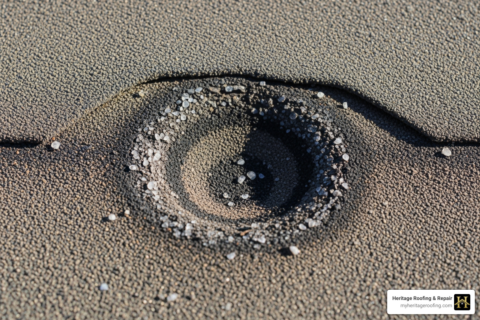 Close-up of hail damage on an asphalt shingle, showing a distinct 'bruise' and granule loss. - insurance hail damage roof Close-up of hail damage on an asphalt shingle, showing a distinct 'bruise' and granule loss. - insurance hail damage roof