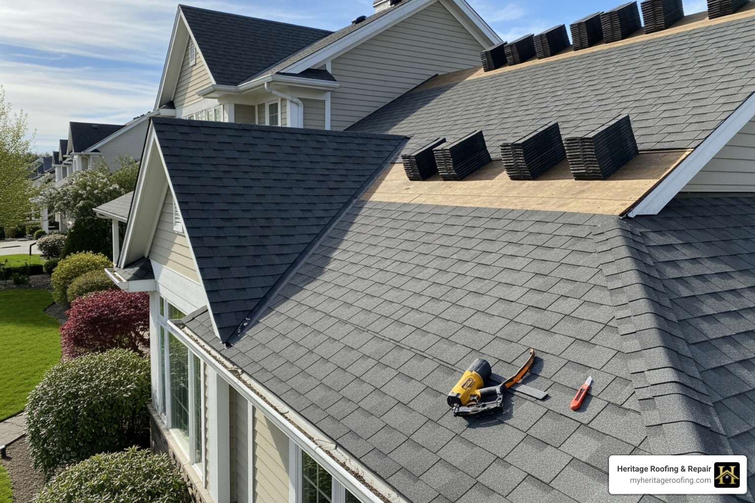 A new roof being installed, showing fresh shingles and a clean, repaired surface. - insurance hail damage roof A new roof being installed, showing fresh shingles and a clean, repaired surface. - insurance hail damage roof