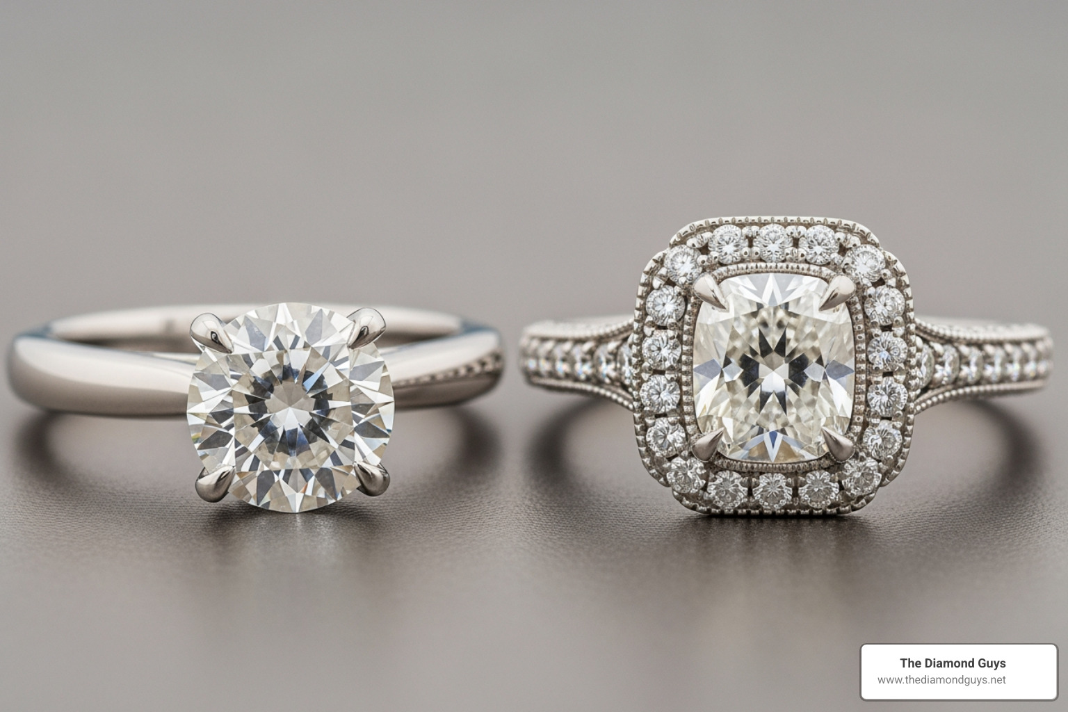 simple solitaire engagement ring next to a complex, vintage-style halo ring with pavé details - how long do custom engagement rings take to make
