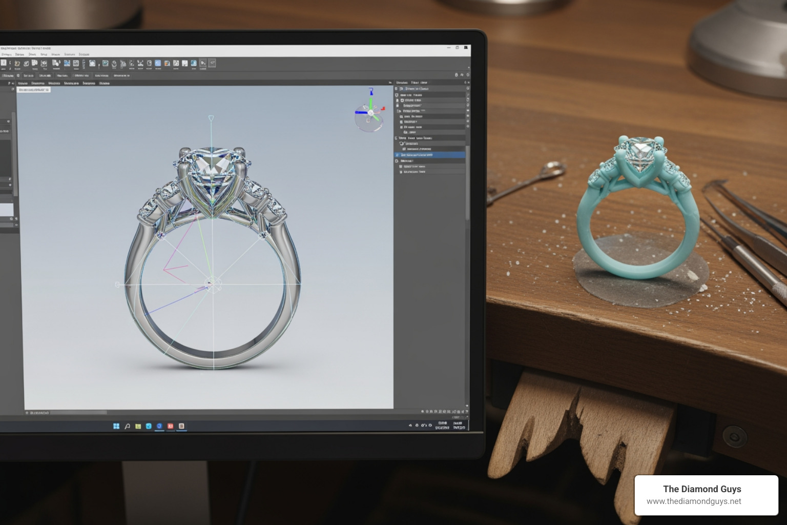 CAD rendering of an engagement ring next to a 3D printed wax model - how long do custom engagement rings take to make
