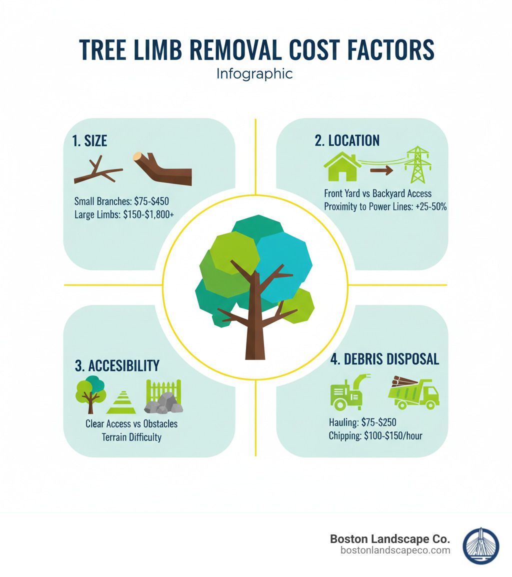 Infographic showing four key factors determining tree limb removal cost: 1. Size - small branches $75-$450, large limbs $150-$1,800+; 2. Location - front yard versus backyard access, proximity to power lines adds 25-50%; 3. Accessibility - clear access versus obstacles, terrain difficulty; 4. Debris disposal - hauling $75-$250, chipping $100-$150 per hour. Visual includes icons for each factor with cost ranges and a central tree illustration. - Tree limb removal cost infographic Infographic showing four key factors determining tree limb removal cost: 1. Size - small branches $75-$450, large limbs $150-$1,800+; 2. Location - front yard versus backyard access, proximity to power lines adds 25-50%; 3. Accessibility - clear access versus obstacles, terrain difficulty; 4. Debris disposal - hauling $75-$250, chipping $100-$150 per hour. Visual includes icons for each factor with cost ranges and a central tree illustration. - Tree limb removal cost infographic