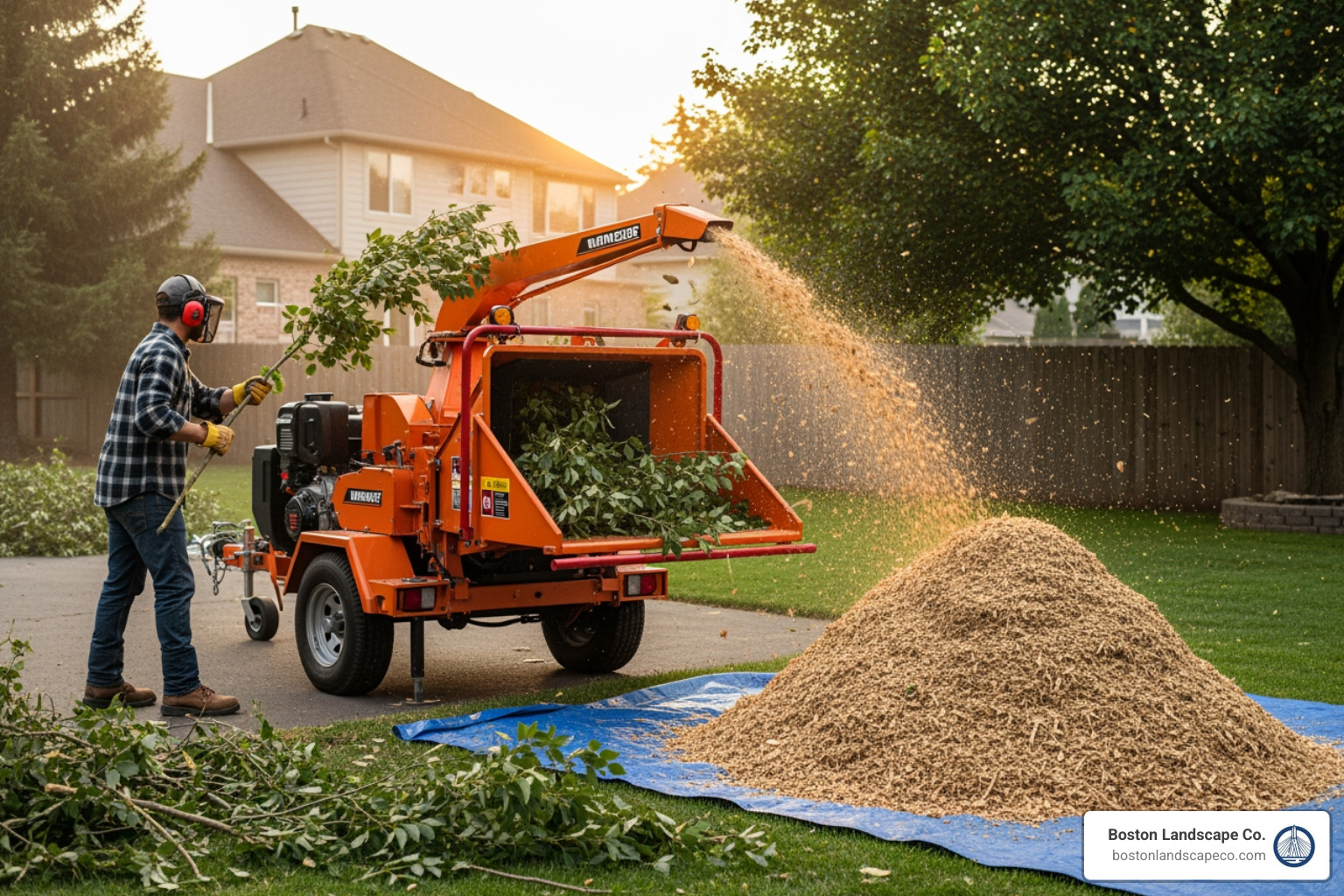 Wood chipper turning tree branches into mulch in a suburban residential yard. - Tree limb removal cost Wood chipper turning tree branches into mulch in a suburban residential yard. - Tree limb removal cost