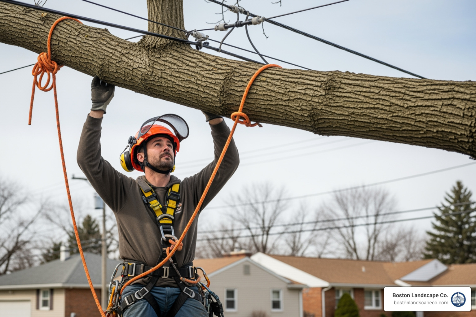 Arborist assessing a tree limb near power lines, highlighting the complexity and danger of such a job. - Tree limb removal cost Arborist assessing a tree limb near power lines, highlighting the complexity and danger of such a job. - Tree limb removal cost