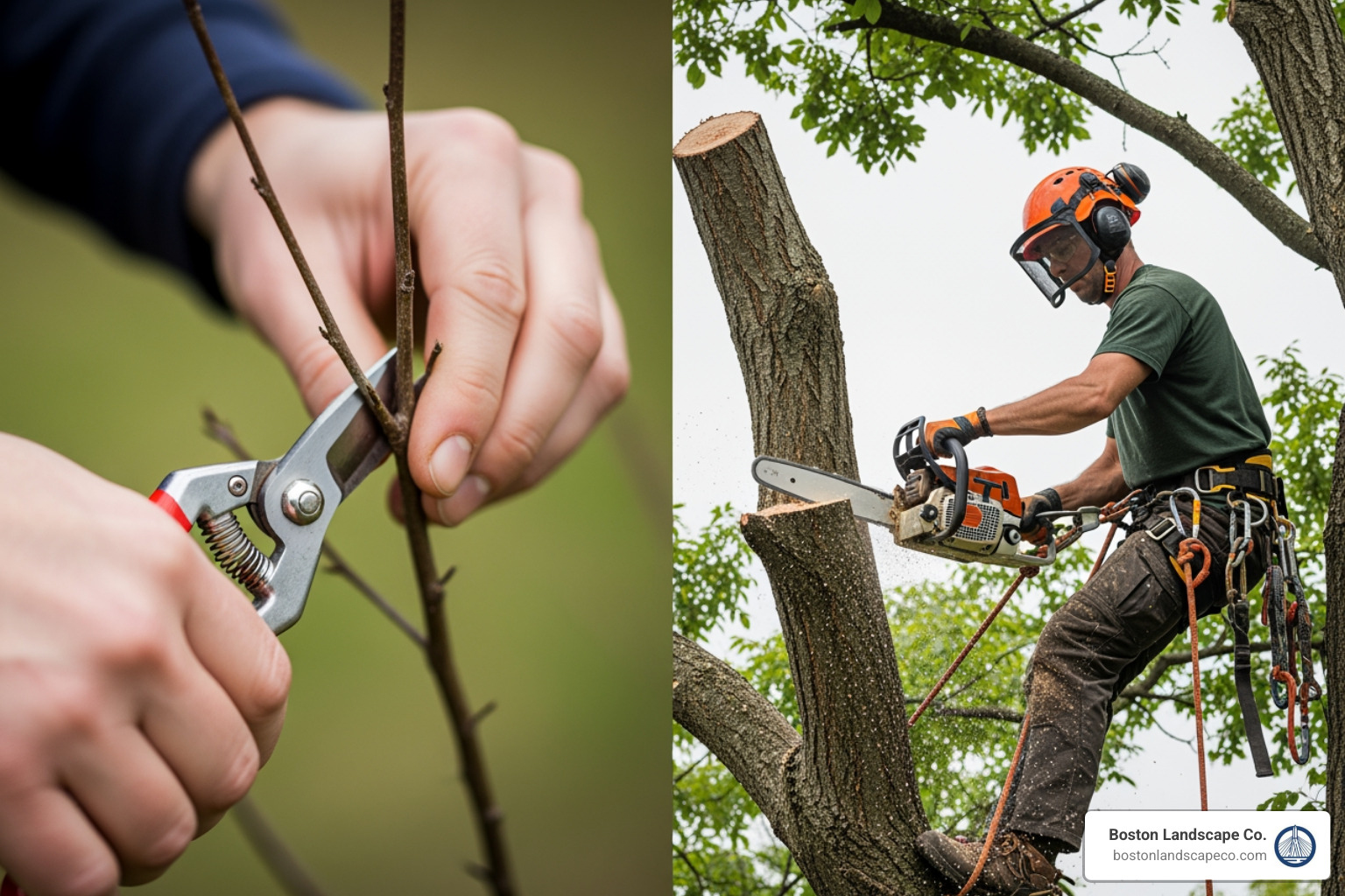 Comparison of a small, easily managed tree branch being trimmed with hand pruners versus a large, complex tree limb requiring ropes and professional rigging for removal. - Tree limb removal cost Comparison of a small, easily managed tree branch being trimmed with hand pruners versus a large, complex tree limb requiring ropes and professional rigging for removal. - Tree limb removal cost