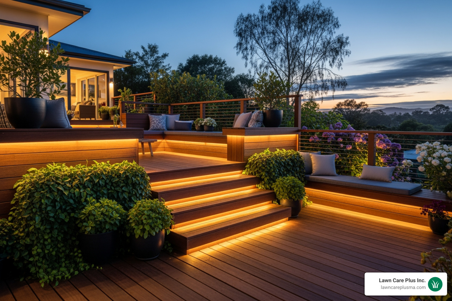 multi-level deck with built-in seating and integrated lighting - deck contractors