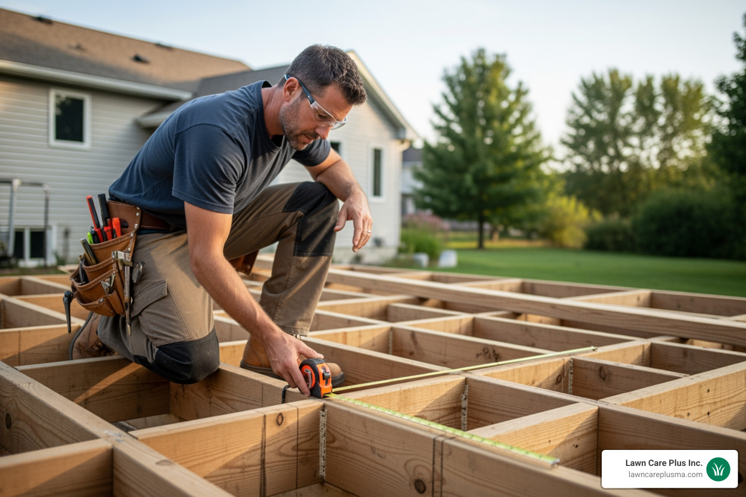 professional deck contractor measuring a deck frame - deck contractors