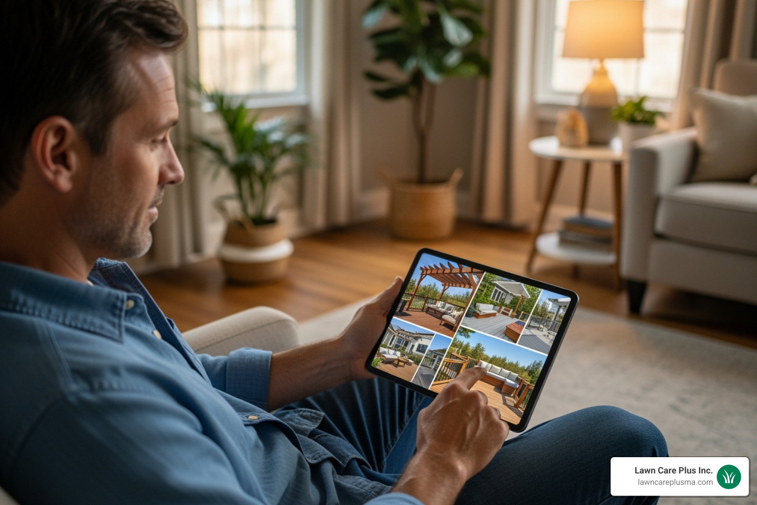 homeowner reviewing a deck builder's portfolio on a tablet - deck contractors