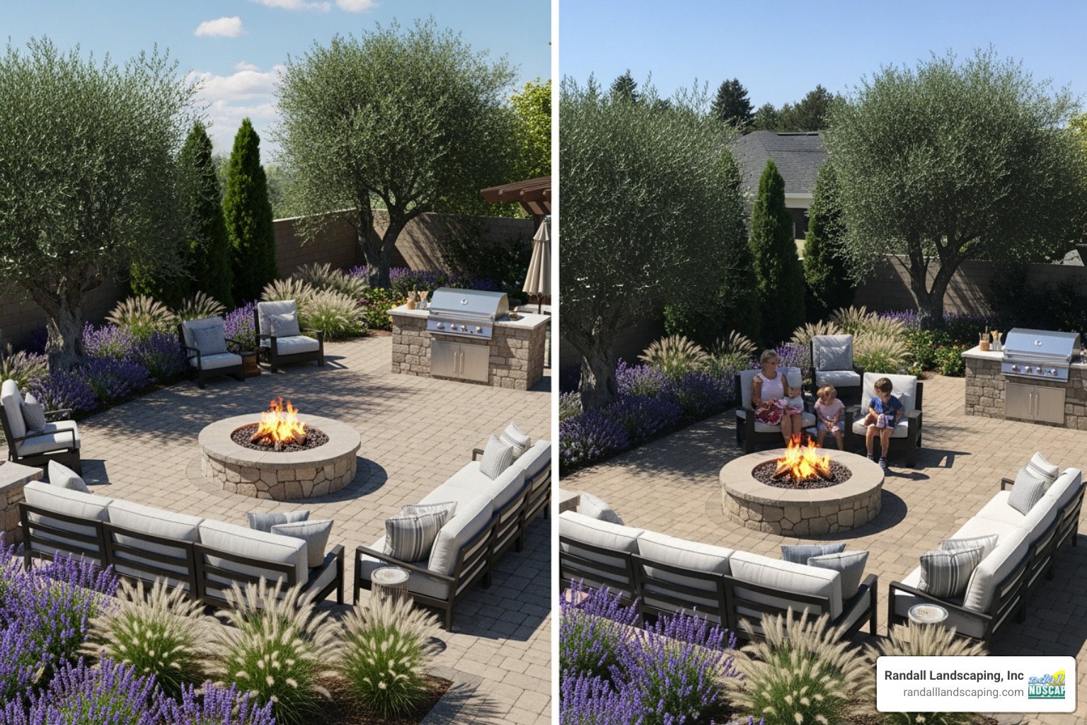 3D landscape design rendering next to the finished project - Georgetown MA outdoor living