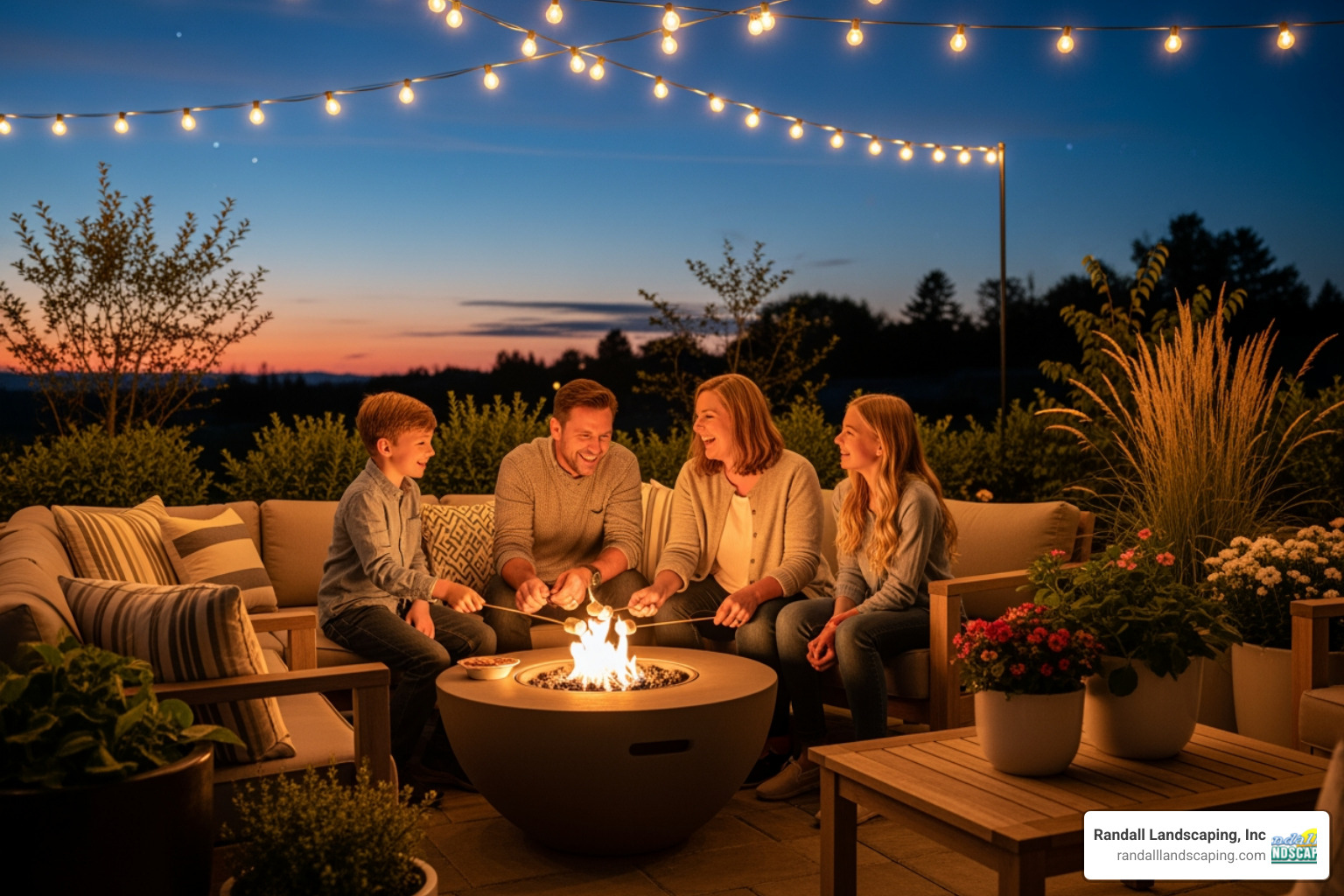 Happy family enjoying a completed outdoor living space at dusk with lighting and a fire pit - Georgetown MA outdoor living