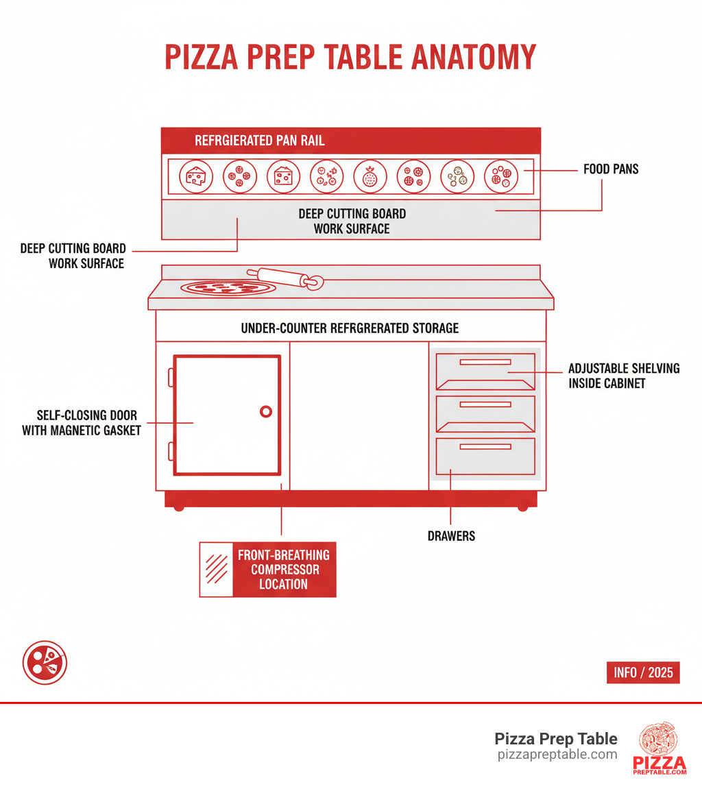 infographic showing the anatomy of a commercial pizza prep table with labeled sections including refrigerated pan rail at top holding food pans, deep cutting board work surface in the center, under-counter refrigerated storage with doors or drawers at bottom, self-closing doors with magnetic gaskets, front-breathing compressor location, and adjustable shelving inside the cabinet - Pizza prep table for sale infographic infographic showing the anatomy of a commercial pizza prep table with labeled sections including refrigerated pan rail at top holding food pans, deep cutting board work surface in the center, under-counter refrigerated storage with doors or drawers at bottom, self-closing doors with magnetic gaskets, front-breathing compressor location, and adjustable shelving inside the cabinet - Pizza prep table for sale infographic